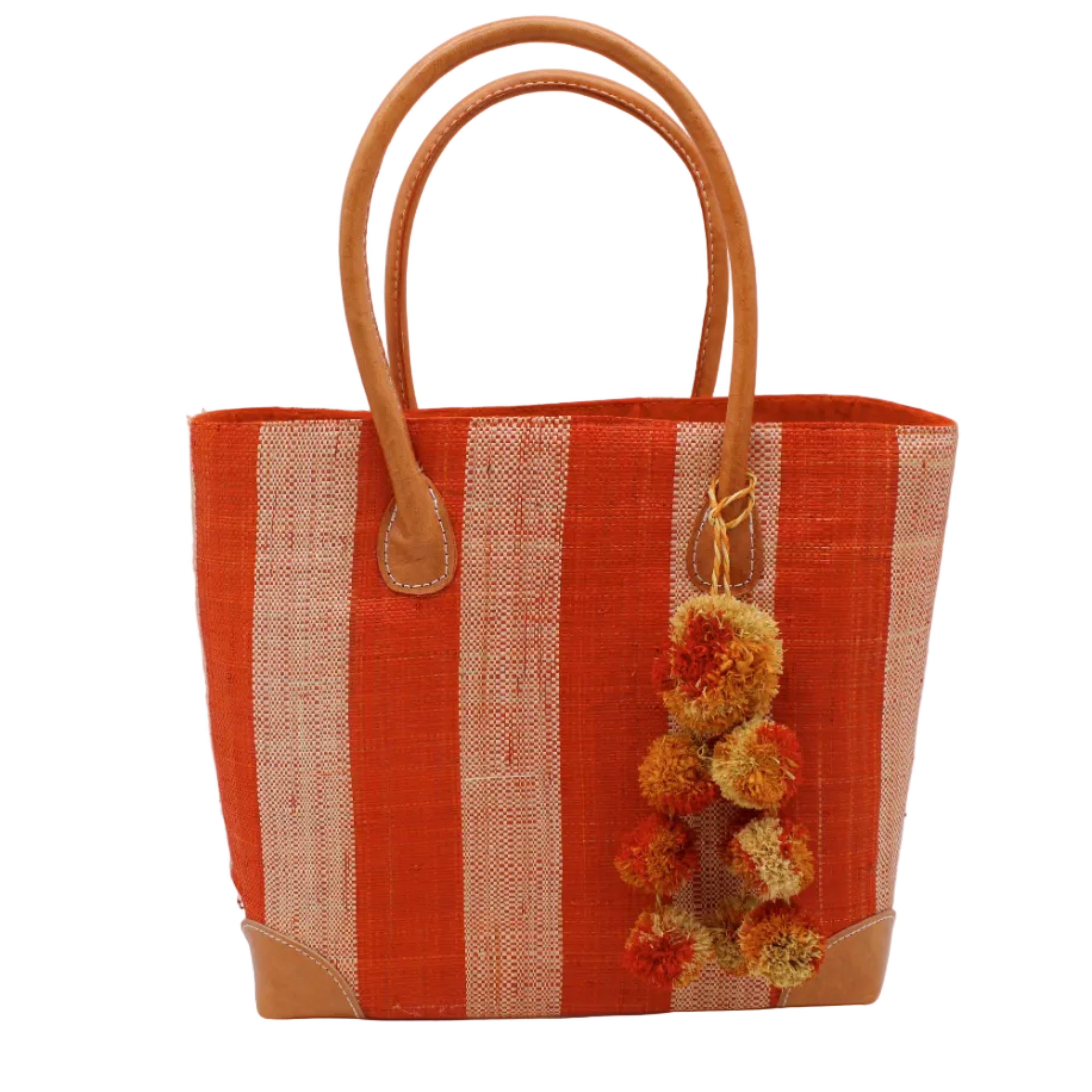 Bora Bora Coral Two Tone Stripes Straw Basket Bag with Waterfall Pompoms Charm Embellishment handmade loomed natural raffia palm fiber in a multicolor horizontal stripe pattern of even width wide bands of coral orange/red and natural straw color with leather handles and feet plus matching waterfall pompom charm embellishment handbag beach bag - Shebobo