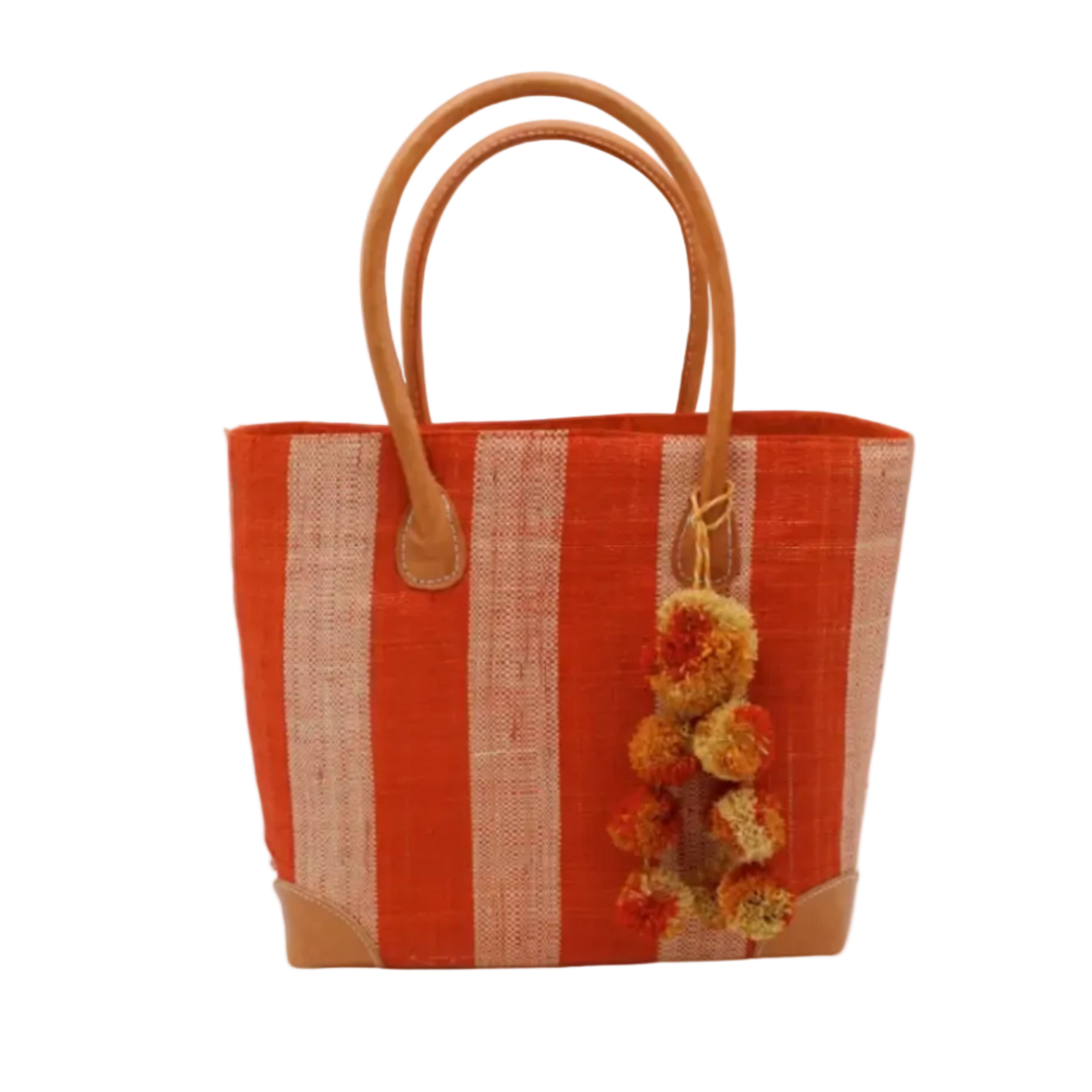 Bora Bora Coral Two Tone Stripes Straw Basket Bag with Waterfall Pompoms Charm Embellishment handmade loomed natural raffia palm fiber in a multicolor horizontal stripe pattern of even width wide bands of coral orange/red and natural straw color with leather handles and feet plus matching waterfall pompom charm embellishment handbag beach bag - Shebobo