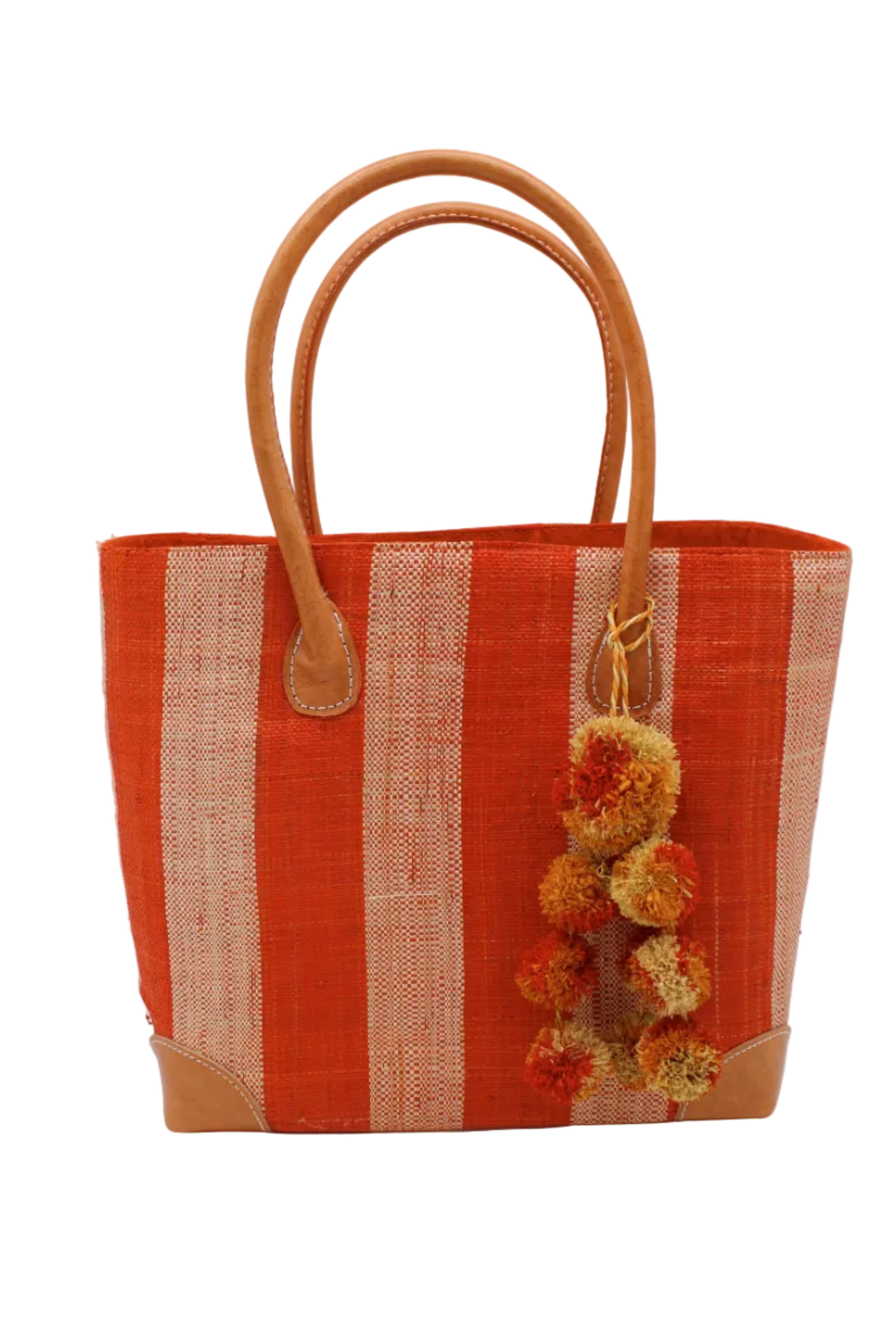 Bora Bora Coral Two Tone Stripes Straw Basket Bag with Waterfall Pompoms Charm Embellishment handmade loomed natural raffia palm fiber in a multicolor horizontal stripe pattern of even width wide bands of coral orange/red and natural straw color with leather handles and feet plus matching waterfall pompom charm embellishment handbag beach bag - Shebobo