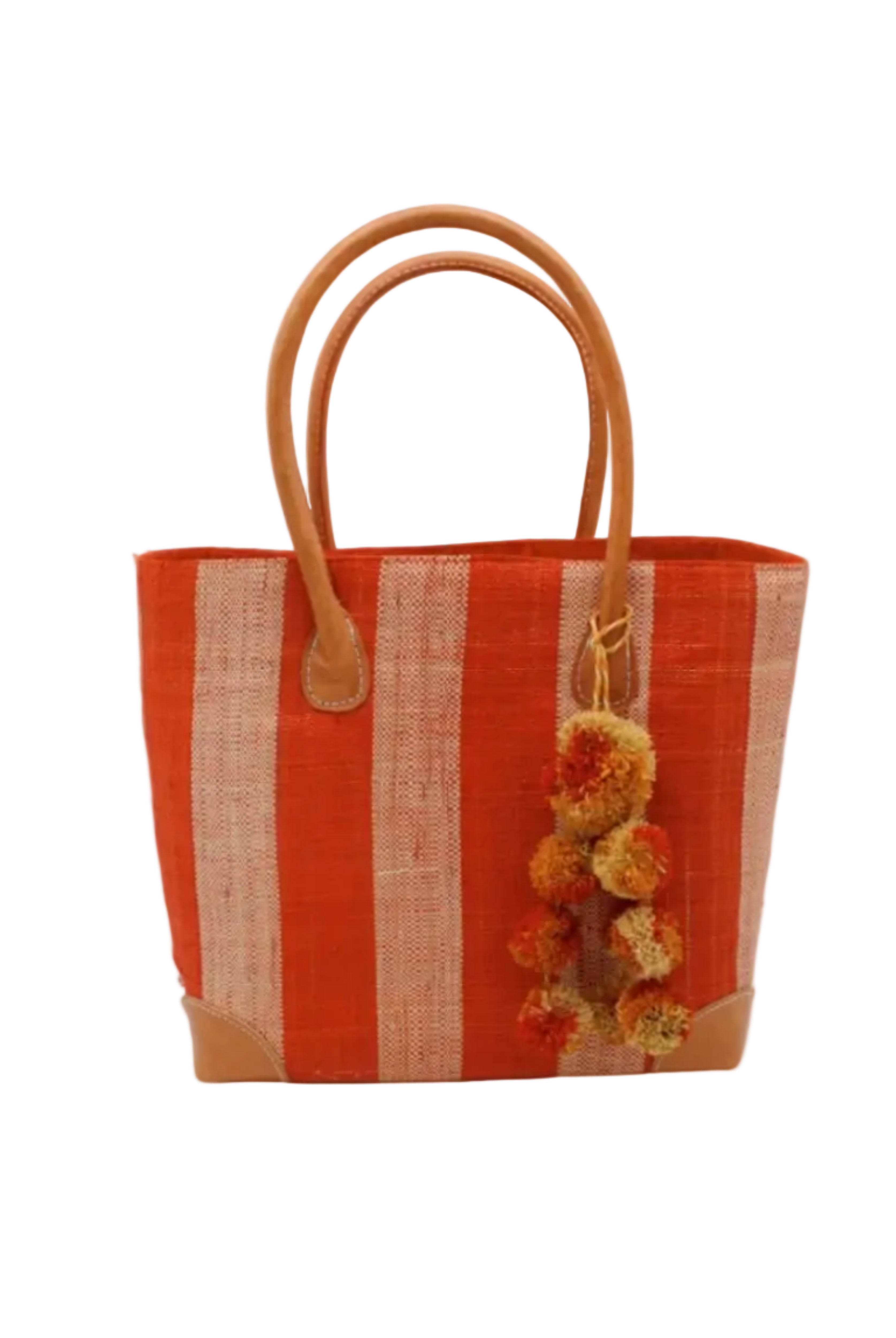 Bora Bora Coral Two Tone Stripes Straw Basket Bag with Waterfall Pompoms Charm Embellishment handmade loomed natural raffia palm fiber in a multicolor horizontal stripe pattern of even width wide bands of coral orange/red and natural straw color with leather handles and feet plus matching waterfall pompom charm embellishment handbag beach bag - Shebobo