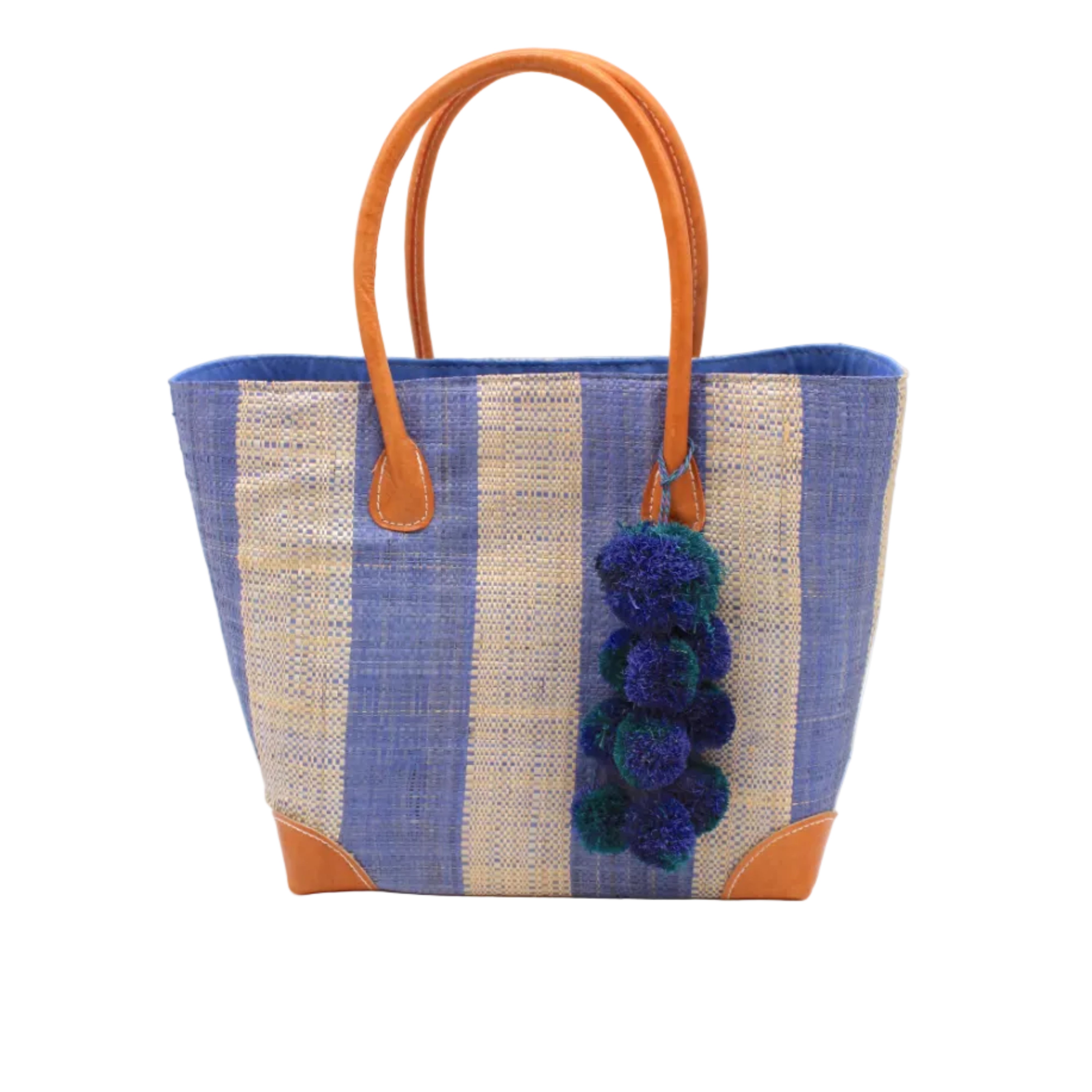 Bora Bora Denim Two Tone Stripes Straw Basket Bag with Waterfall Pompoms Charm Embellishment handmade loomed natural raffia palm fiber in a multicolor horizontal stripe pattern of even width wide bands of denim retro/light/blue and natural straw color with leather handles and feet plus matching waterfall pompom charm embellishment handbag beach bag - Shebobo
