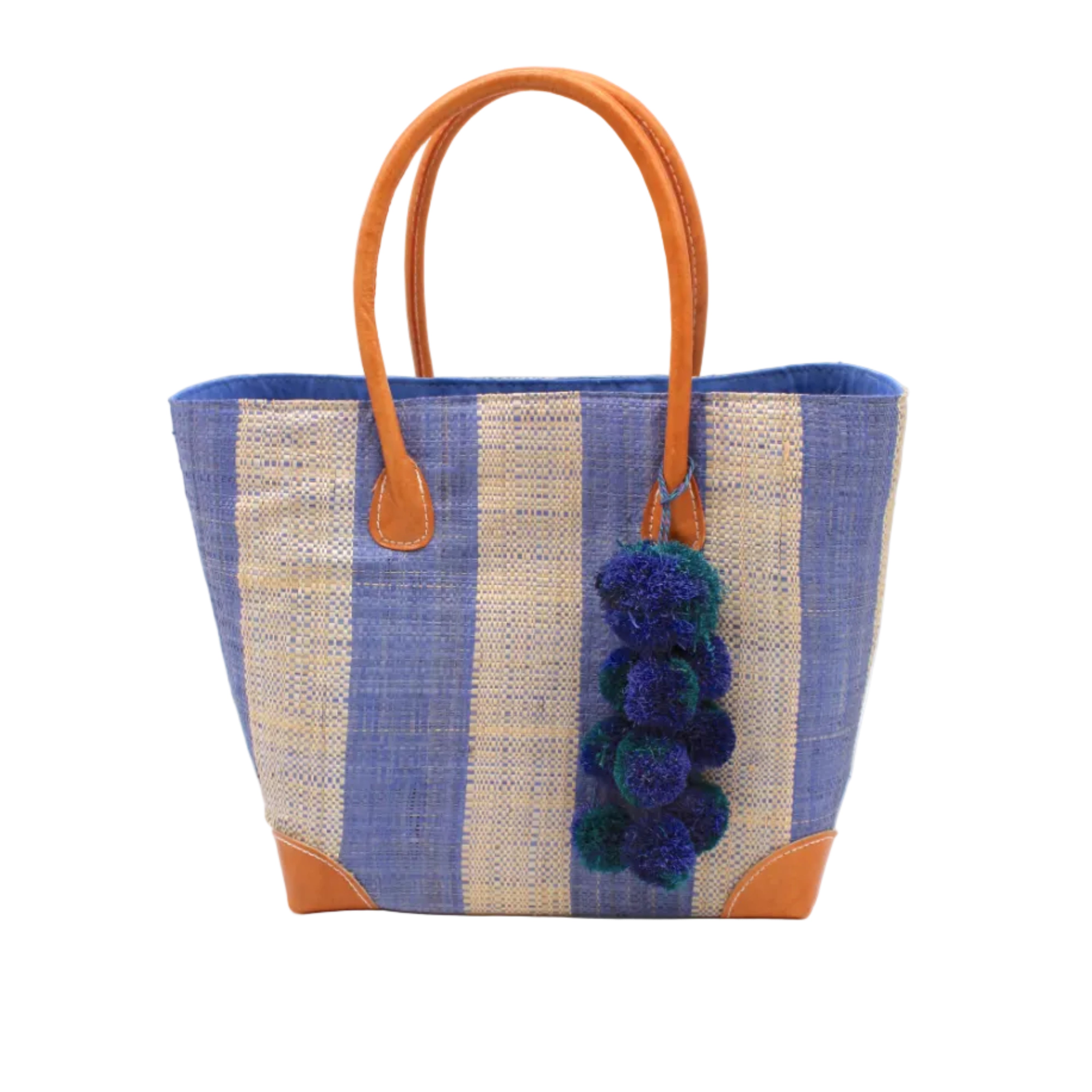 Bora Bora Denim Two Tone Stripes Straw Basket Bag with Waterfall Pompoms Charm Embellishment handmade loomed natural raffia palm fiber in a multicolor horizontal stripe pattern of even width wide bands of denim retro/light/blue and natural straw color with leather handles and feet plus matching waterfall pompom charm embellishment handbag beach bag - Shebobo