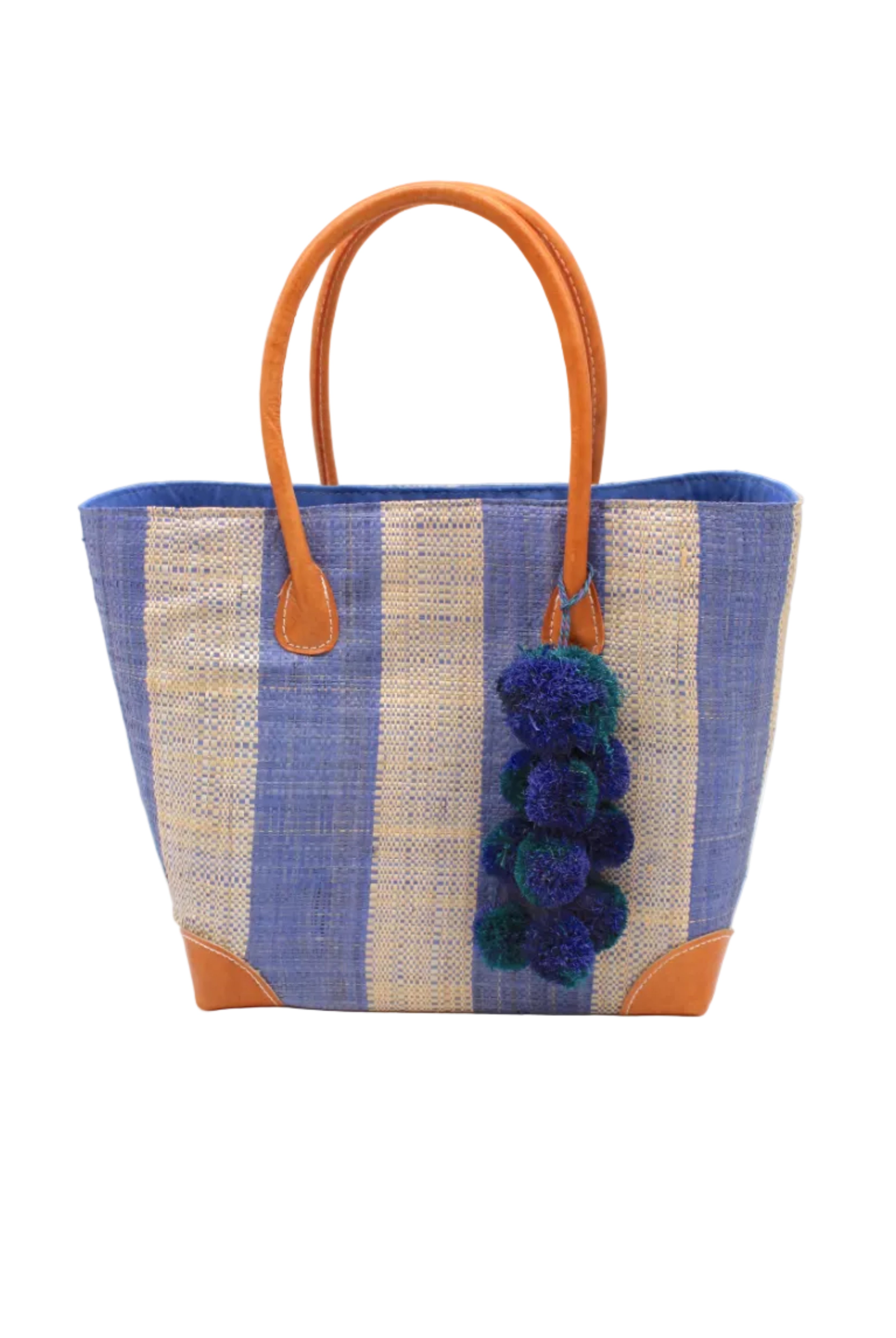 Bora Bora Denim Two Tone Stripes Straw Basket Bag with Waterfall Pompoms Charm Embellishment handmade loomed natural raffia palm fiber in a multicolor horizontal stripe pattern of even width wide bands of denim retro/light/blue and natural straw color with leather handles and feet plus matching waterfall pompom charm embellishment handbag beach bag - Shebobo