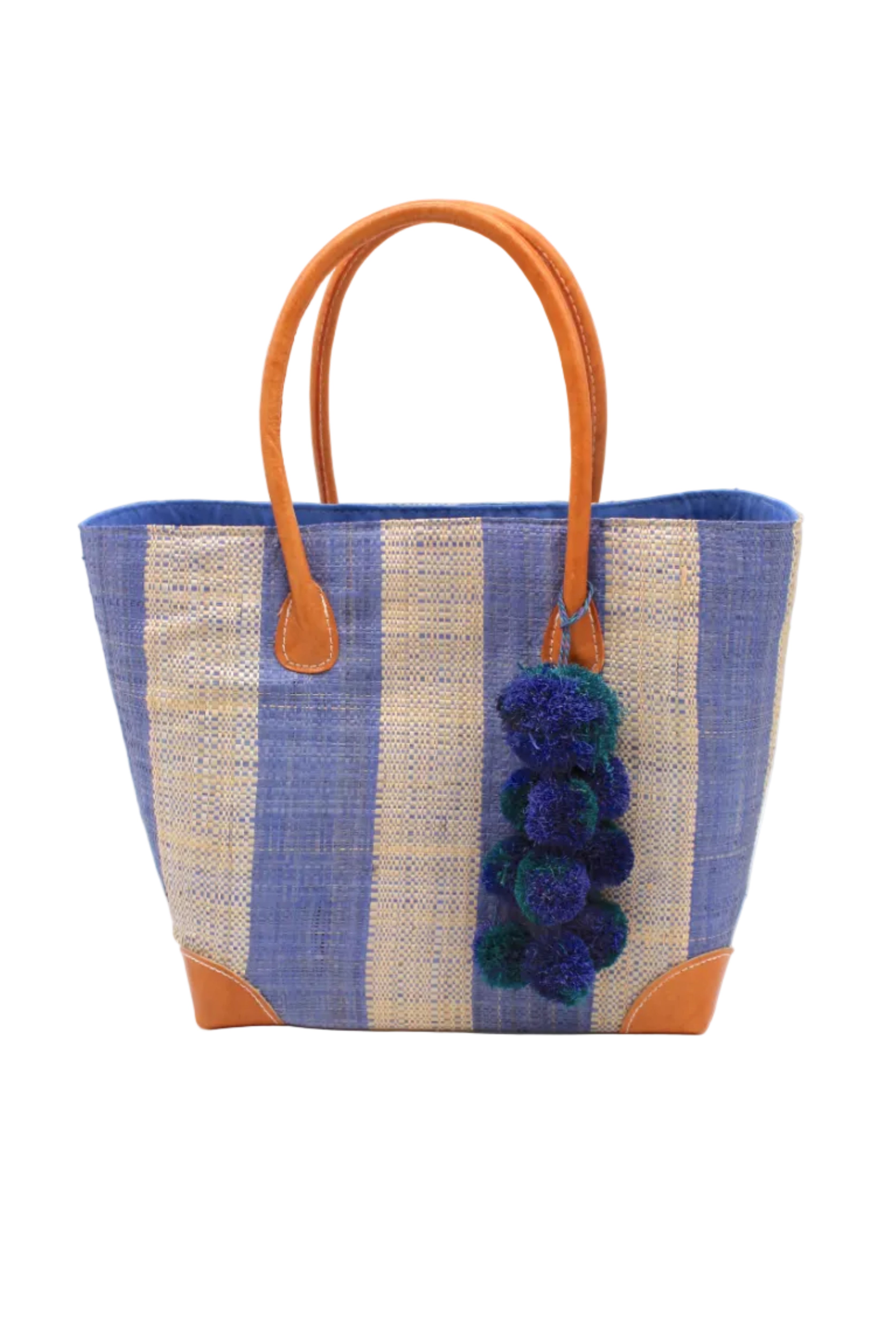 Bora Bora Denim Two Tone Stripes Straw Basket Bag with Waterfall Pompoms Charm Embellishment handmade loomed natural raffia palm fiber in a multicolor horizontal stripe pattern of even width wide bands of denim retro/light/blue and natural straw color with leather handles and feet plus matching waterfall pompom charm embellishment handbag beach bag - Shebobo
