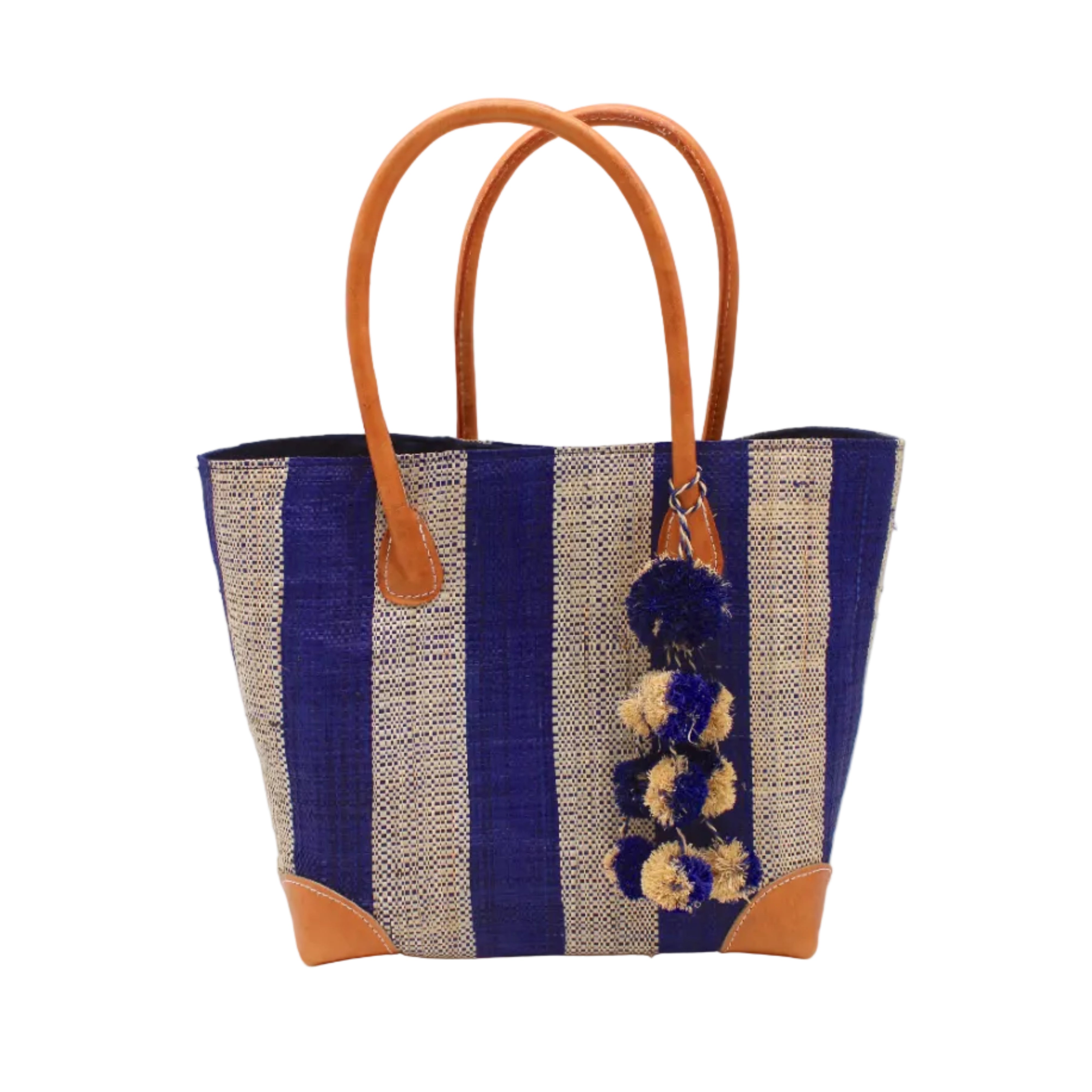 Bora Bora Dusk Two Tone Stripes Straw Basket Bag with Waterfall Pompoms Charm Embellishment handmade loomed natural raffia palm fiber in a multicolor horizontal stripe pattern of even width wide bands of dusk navy/dark/blue and natural straw color with leather handles and feet plus matching waterfall pompom charm embellishment handbag beach bag - Shebobo
