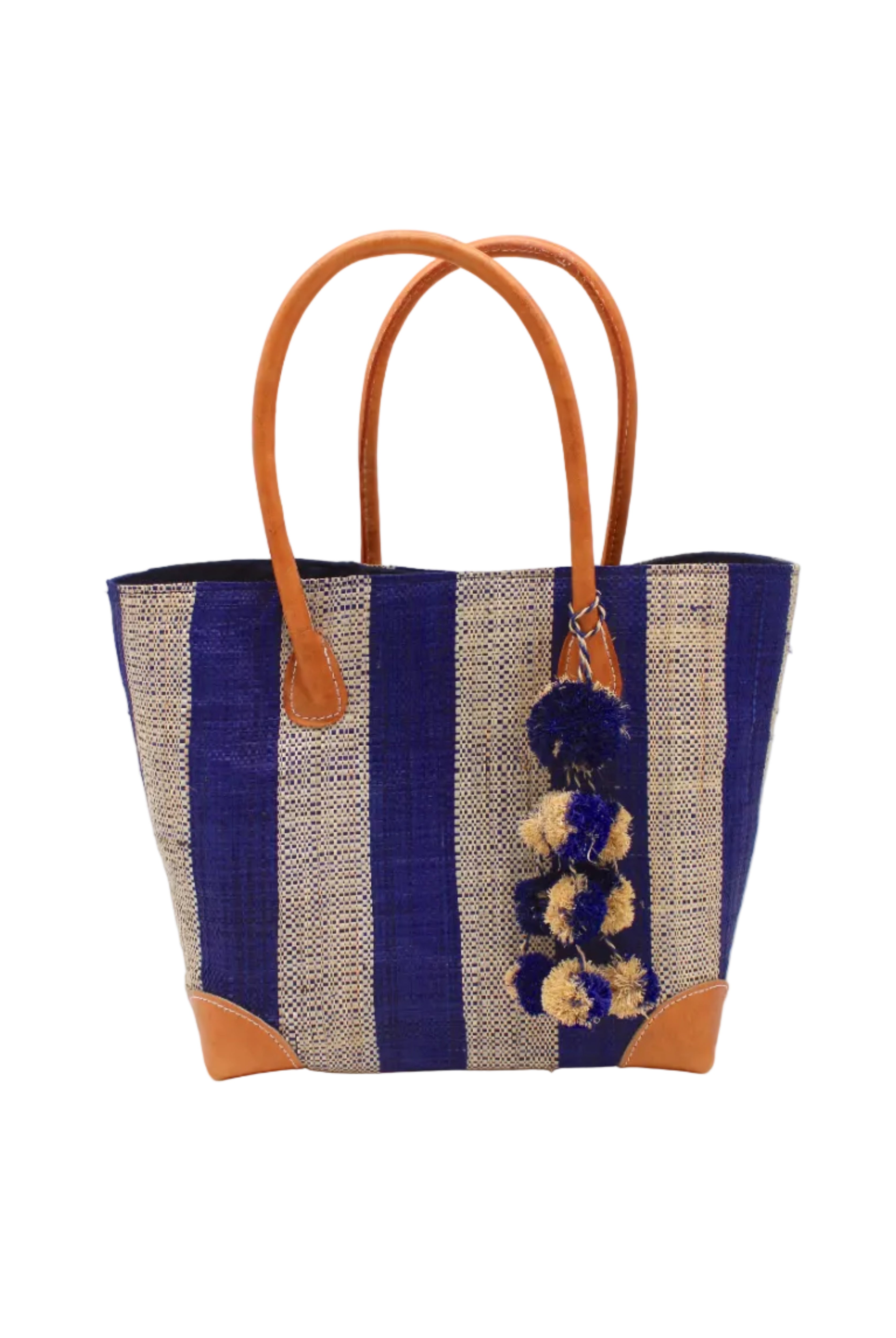Bora Bora Dusk Two Tone Stripes Straw Basket Bag with Waterfall Pompoms Charm Embellishment handmade loomed natural raffia palm fiber in a multicolor horizontal stripe pattern of even width wide bands of dusk navy/dark/blue and natural straw color with leather handles and feet plus matching waterfall pompom charm embellishment handbag beach bag - Shebobo