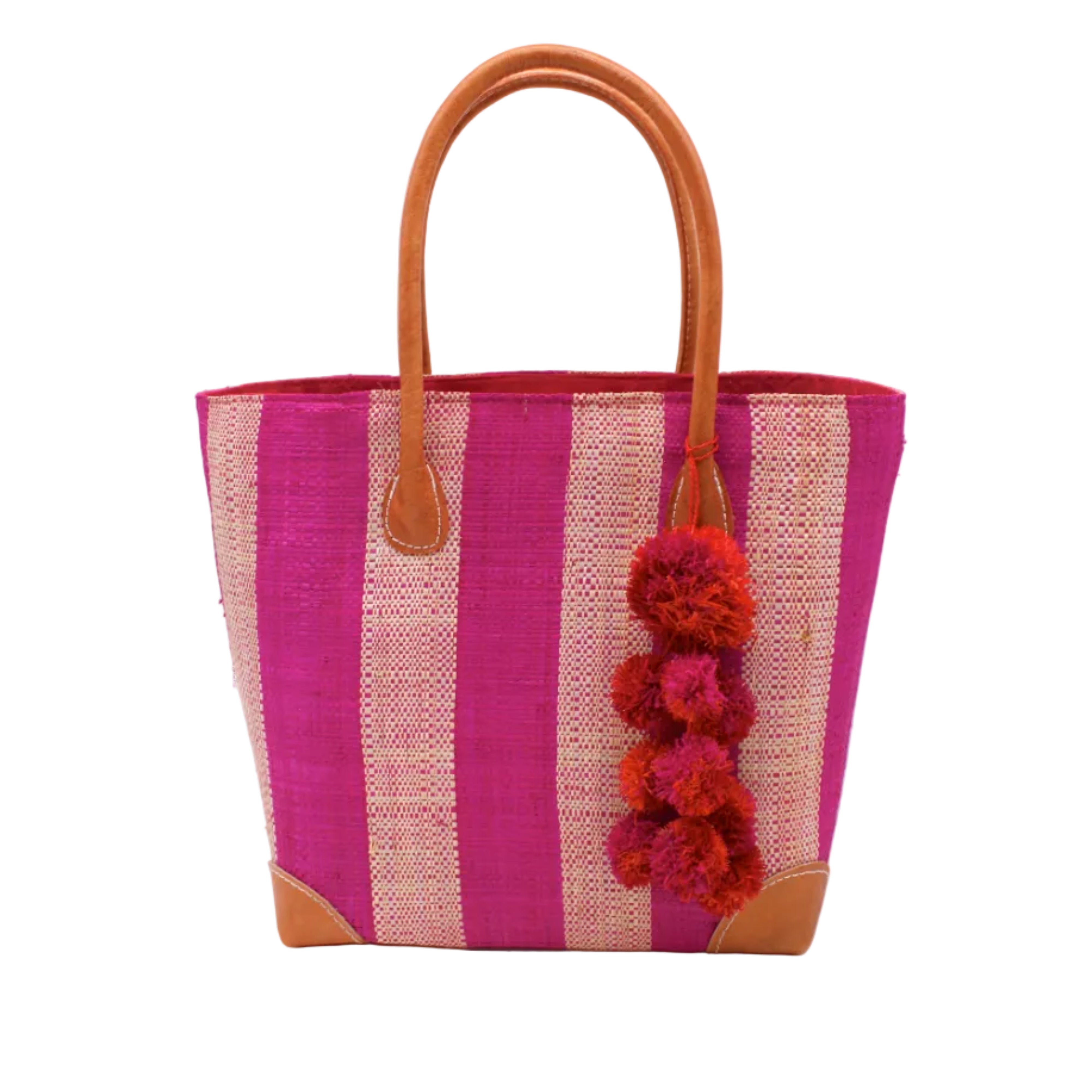 Bora Bora Fuchsia Two Tone Stripes Straw Basket Bag with Waterfall Pompoms Charm Embellishment handmade loomed natural raffia palm fiber in a multicolor horizontal stripe pattern of even width wide bands of fuchsia hot/bright/barbie/pink and natural straw color with leather handles and feet plus matching waterfall pompom charm embellishment handbag beach bag - Shebobo