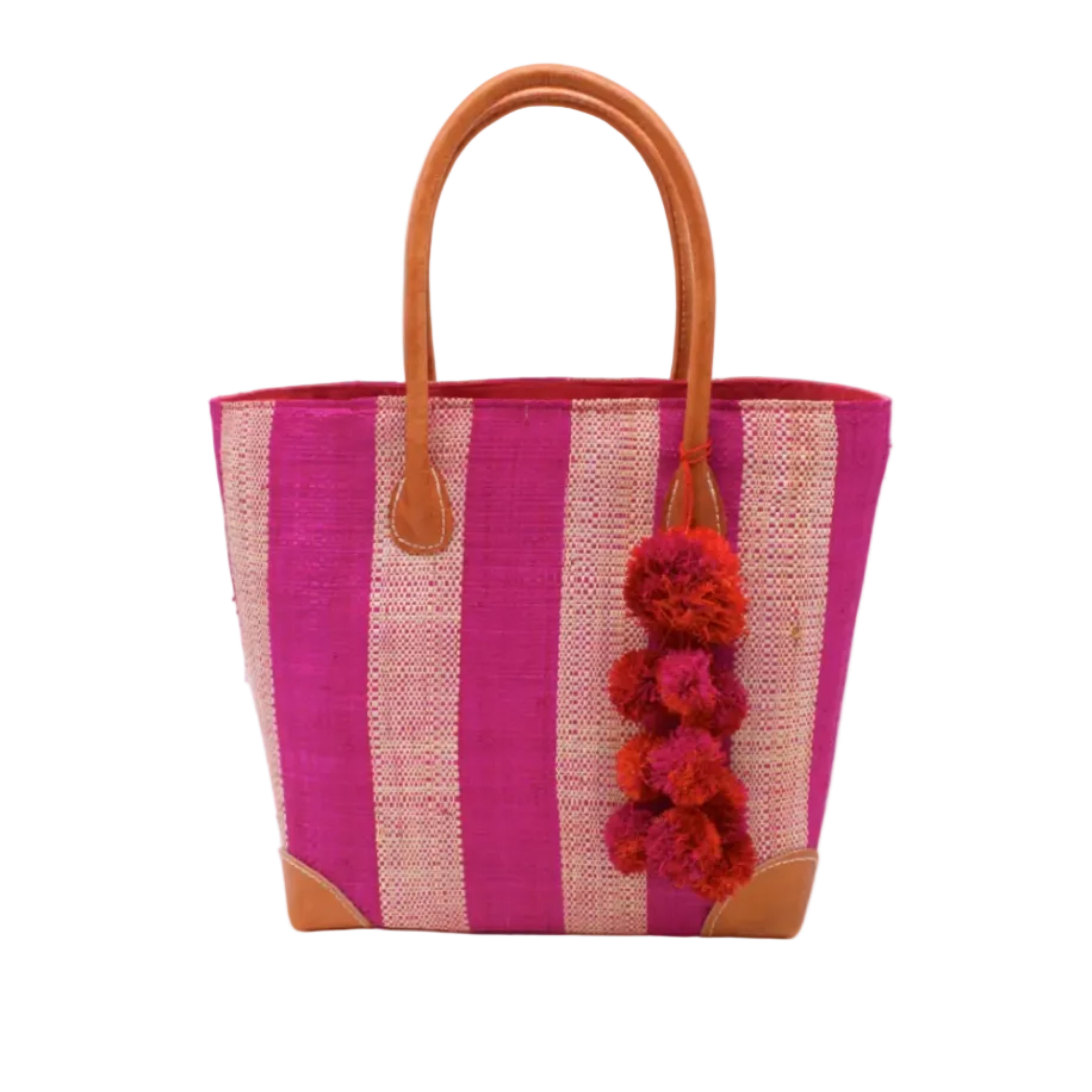 Bora Bora Fuchsia Two Tone Stripes Straw Basket Bag with Waterfall Pompoms Charm Embellishment handmade loomed natural raffia palm fiber in a multicolor horizontal stripe pattern of even width wide bands of fuchsia hot/bright/barbie/pink and natural straw color with leather handles and feet plus matching waterfall pompom charm embellishment handbag beach bag - Shebobo