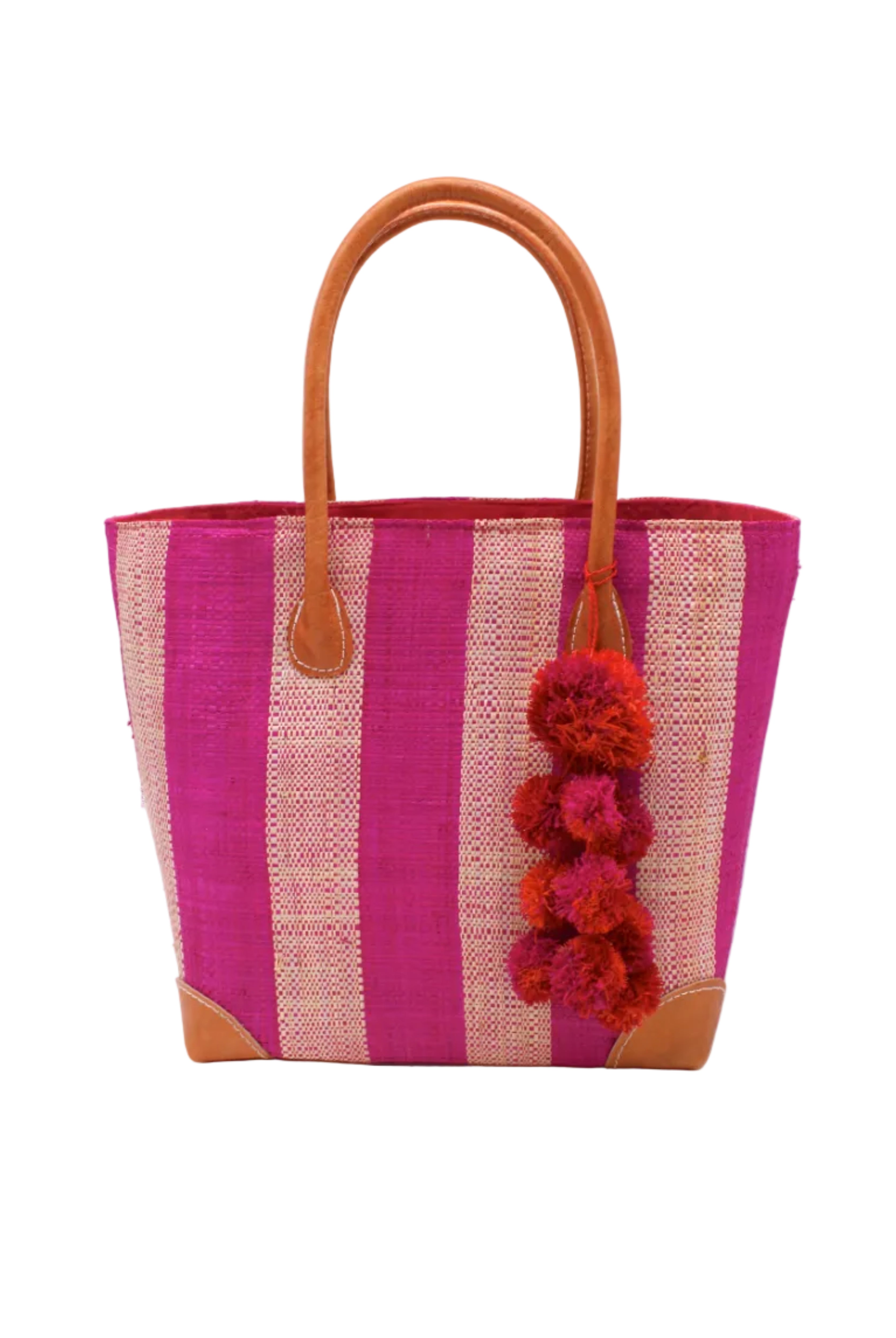 Bora Bora Fuchsia Two Tone Stripes Straw Basket Bag with Waterfall Pompoms Charm Embellishment handmade loomed natural raffia palm fiber in a multicolor horizontal stripe pattern of even width wide bands of fuchsia hot/bright/barbie/pink and natural straw color with leather handles and feet plus matching waterfall pompom charm embellishment handbag beach bag - Shebobo