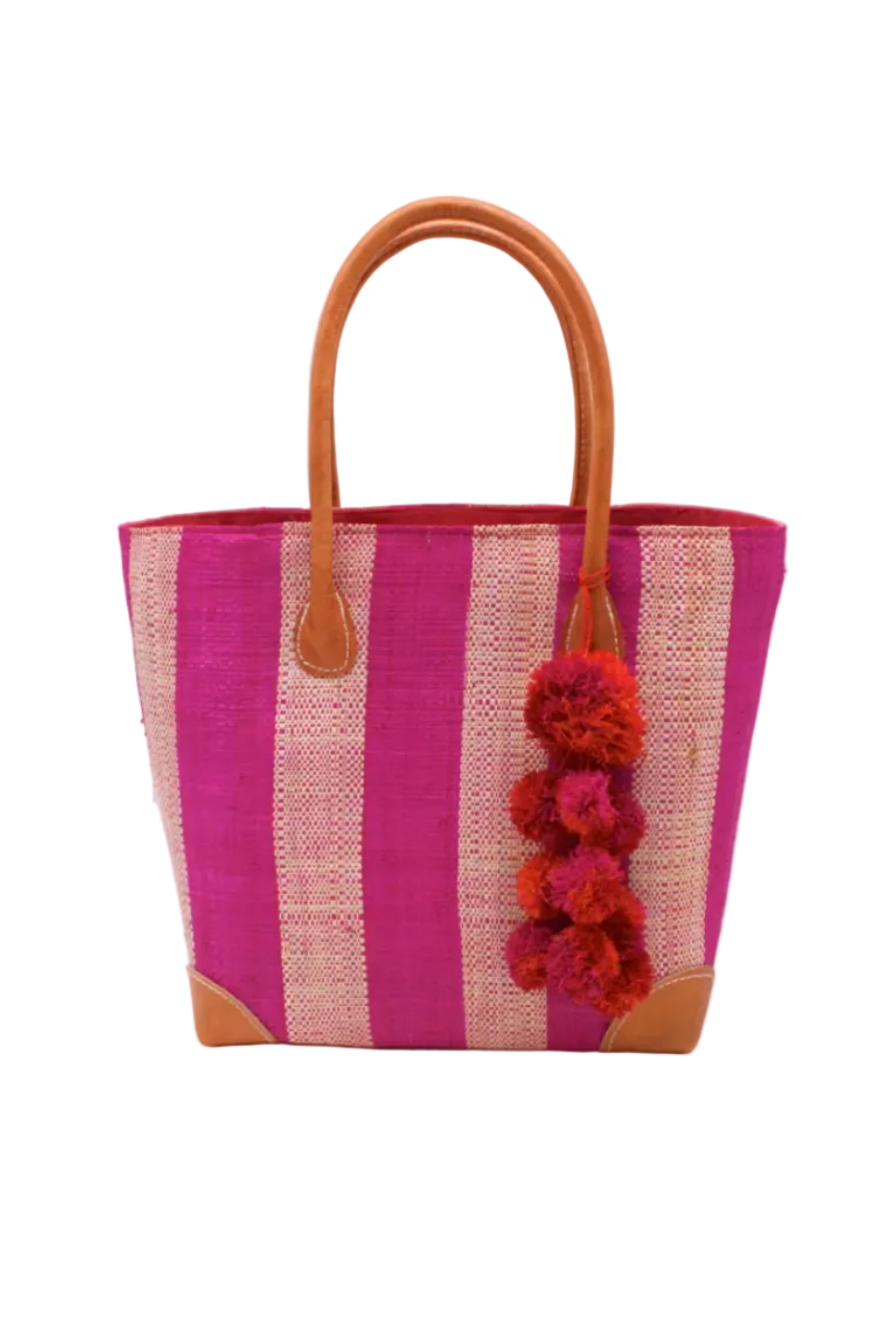 Bora Bora Fuchsia Two Tone Stripes Straw Basket Bag with Waterfall Pompoms Charm Embellishment handmade loomed natural raffia palm fiber in a multicolor horizontal stripe pattern of even width wide bands of fuchsia hot/bright/barbie/pink and natural straw color with leather handles and feet plus matching waterfall pompom charm embellishment handbag beach bag - Shebobo