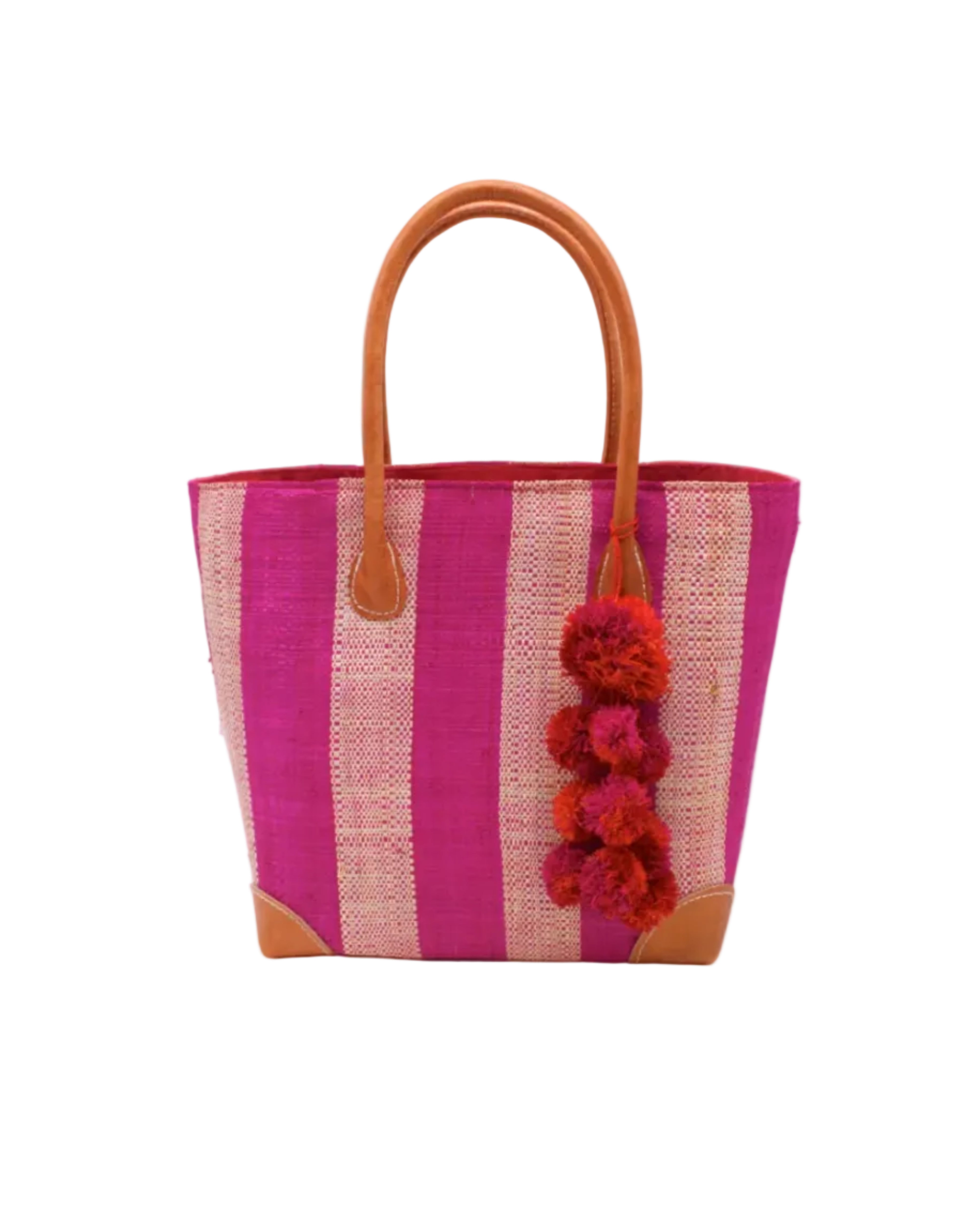 Bora Bora Fuchsia Two Tone Stripes Straw Basket Bag with Waterfall Pompoms Charm Embellishment handmade loomed natural raffia palm fiber in a multicolor horizontal stripe pattern of even width wide bands of fuchsia hot/bright/barbie/pink and natural straw color with leather handles and feet plus matching waterfall pompom charm embellishment handbag beach bag - Shebobo