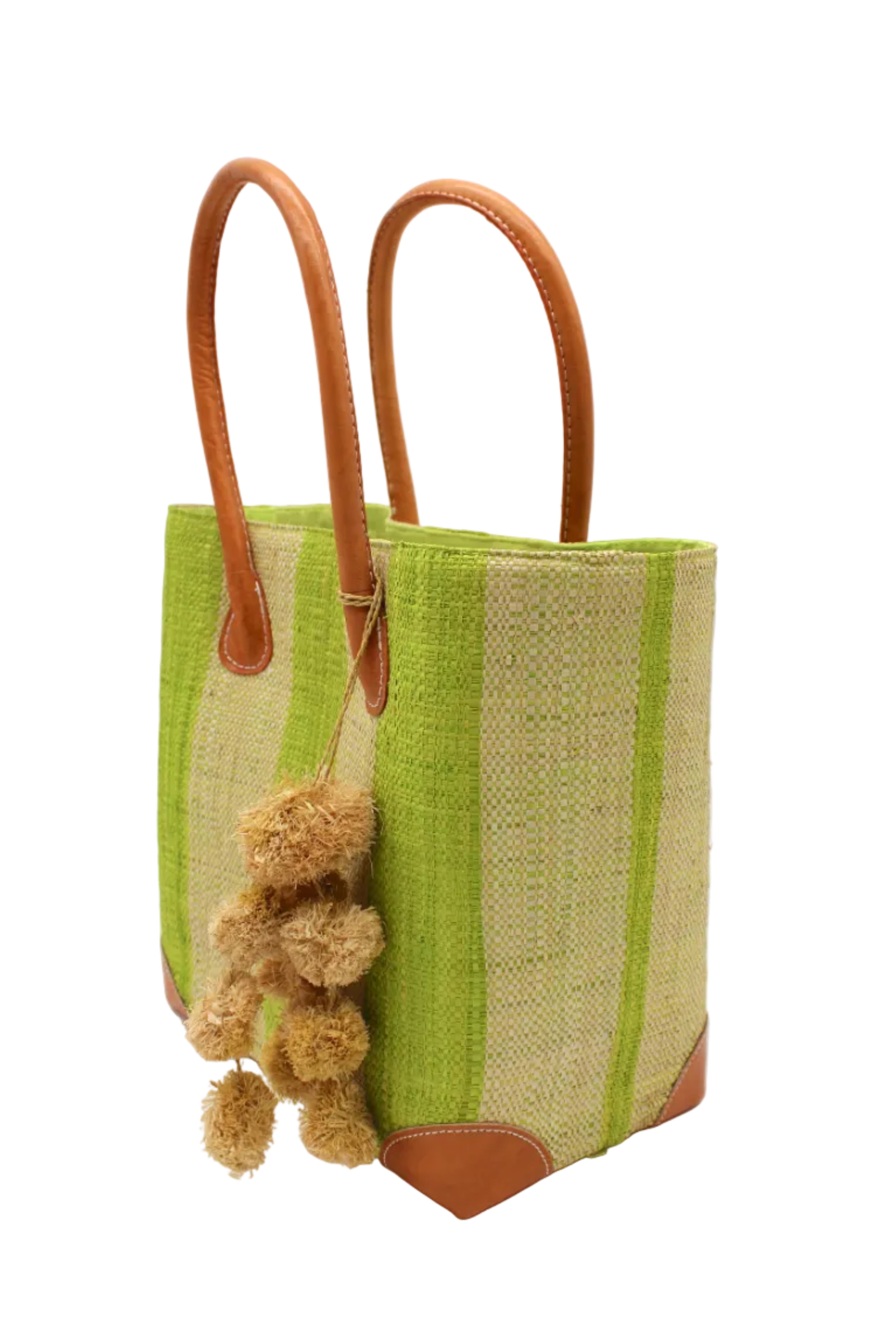 Side view Bora Bora Midori Two Tone Stripes Straw Basket Bag with Waterfall Pompoms Charm Embellishment handmade loomed natural raffia palm fiber in a multicolor horizontal stripe pattern of even width wide bands of midori lime/neon/bright/green and natural straw color with leather handles and feet plus matching waterfall pompom charm embellishment handbag beach bag - Shebobo