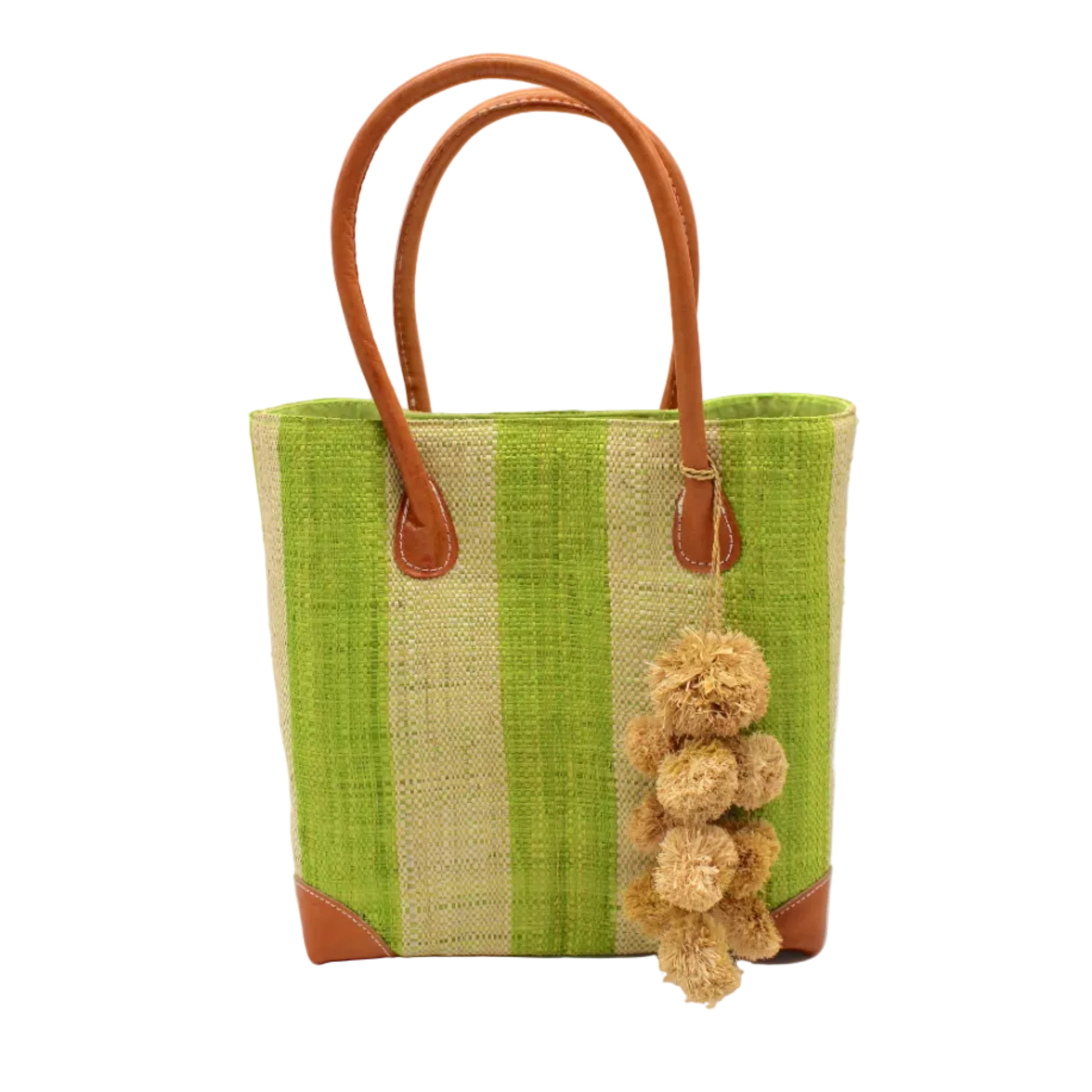 Bora Bora Midori Two Tone Stripes Straw Basket Bag with Waterfall Pompoms Charm Embellishment handmade loomed natural raffia palm fiber in a multicolor horizontal stripe pattern of even width wide bands of midori lime/neon/bright/green and natural straw color with leather handles and feet plus matching waterfall pompom charm embellishment handbag beach bag - Shebobo