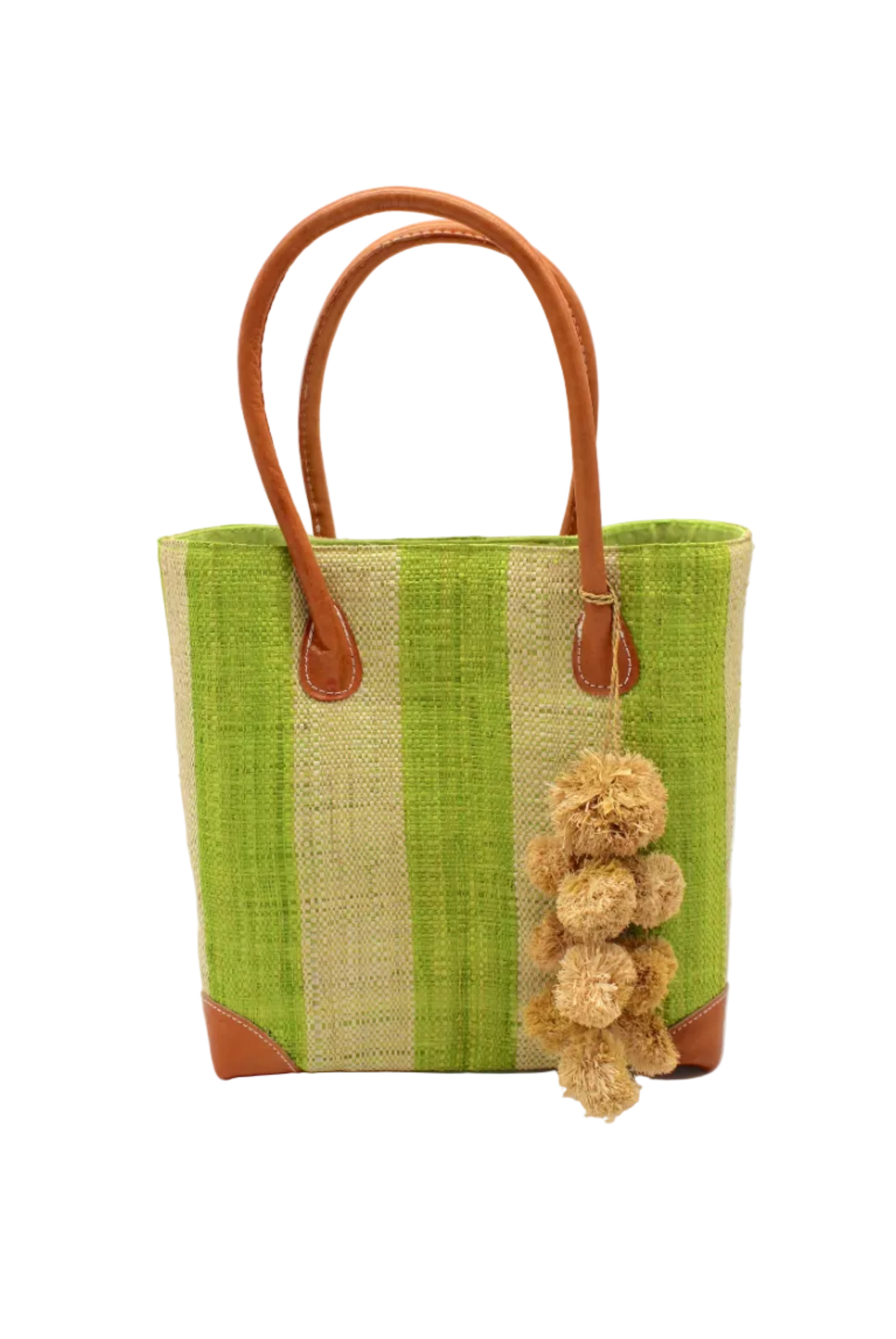 Bora Bora Midori Two Tone Stripes Straw Basket Bag with Waterfall Pompoms Charm Embellishment handmade loomed natural raffia palm fiber in a multicolor horizontal stripe pattern of even width wide bands of midori lime/neon/bright/green and natural straw color with leather handles and feet plus matching waterfall pompom charm embellishment handbag beach bag - Shebobo