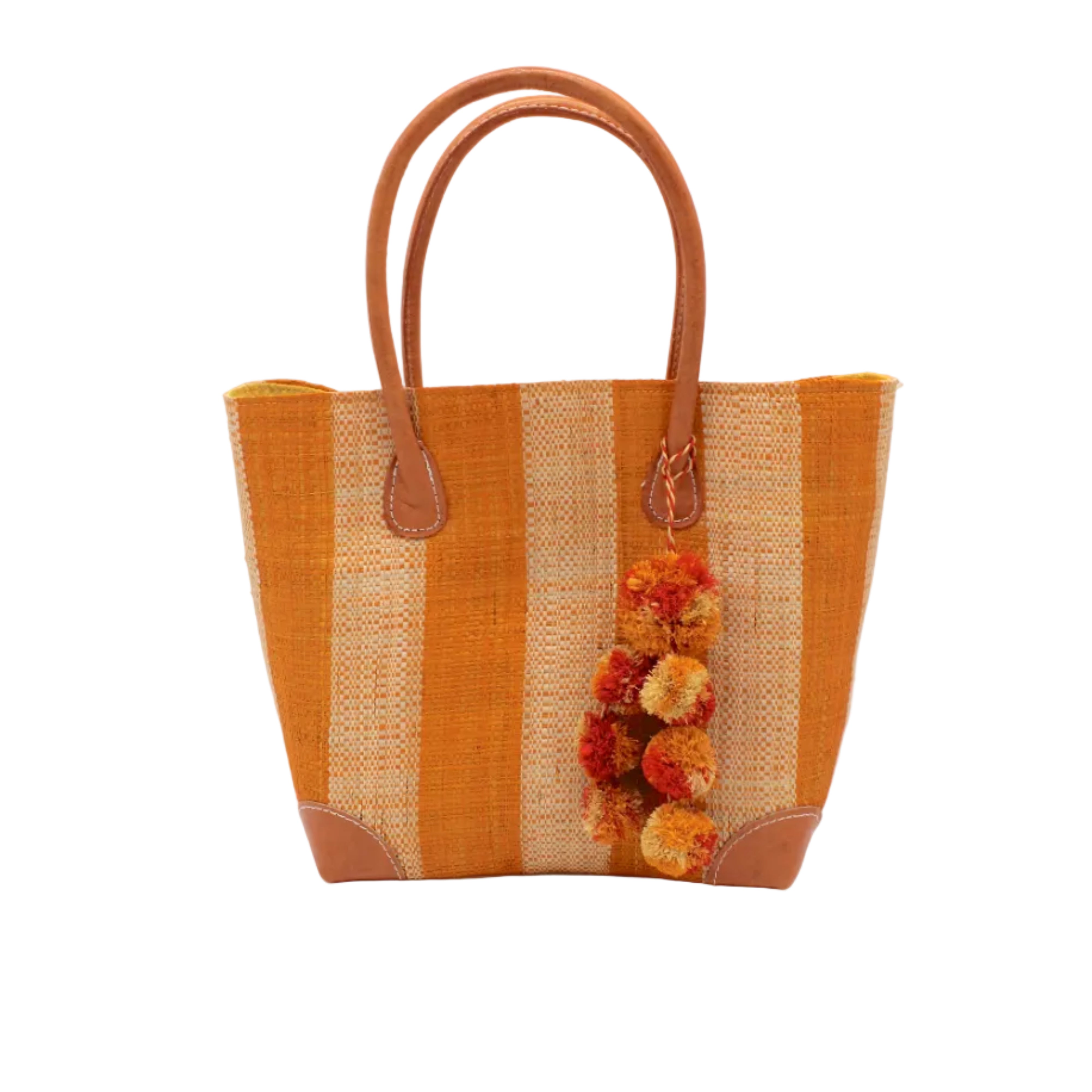 Bora Bora Saffron Two Tone Stripes Straw Basket Bag with Waterfall Pompoms Charm Embellishment handmade loomed natural raffia palm fiber in a multicolor horizontal stripe pattern of even width wide bands of saffron orange/yellow and natural straw color with leather handles and feet plus matching waterfall pompom charm embellishment handbag beach bag - Shebobo