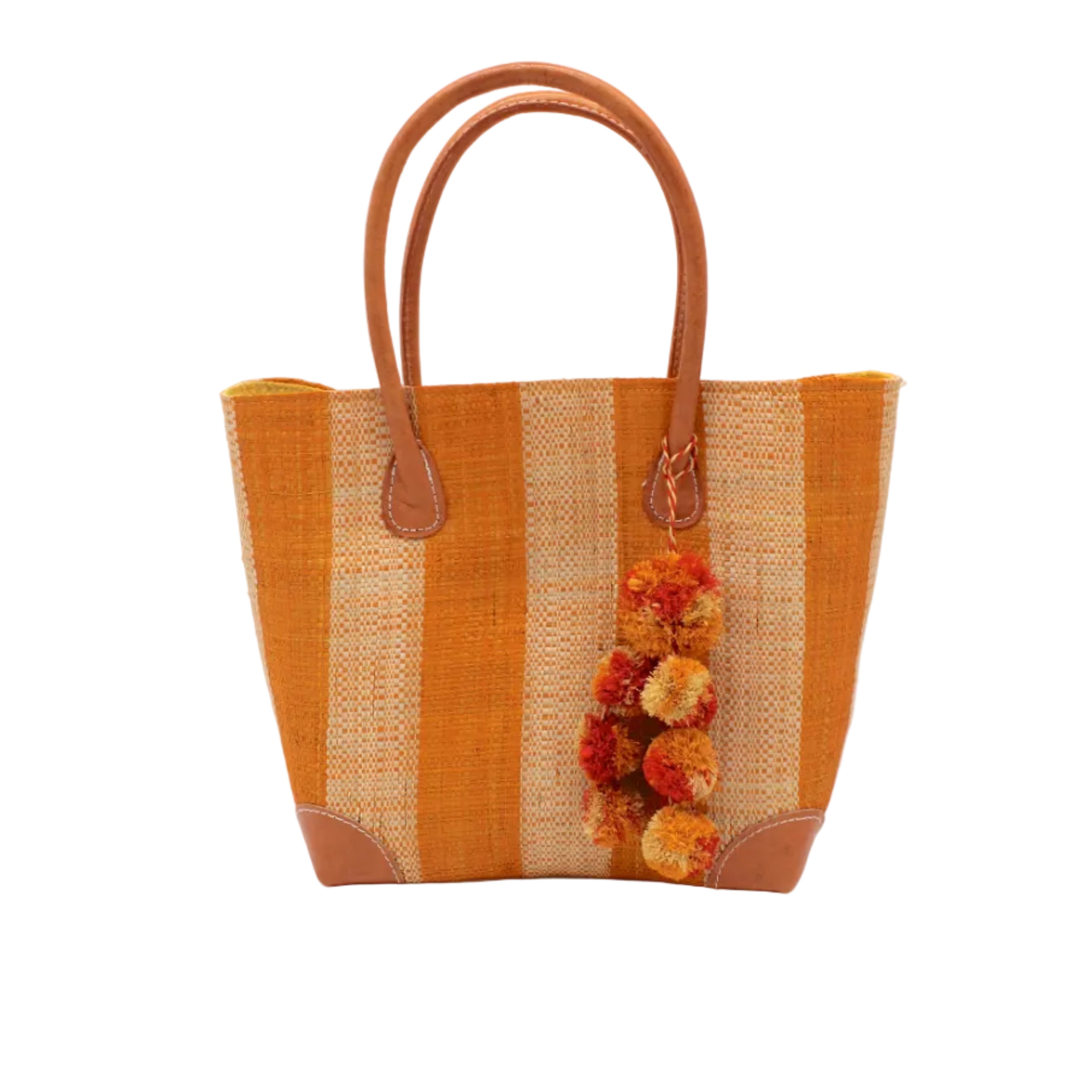Bora Bora Saffron Two Tone Stripes Straw Basket Bag with Waterfall Pompoms Charm Embellishment handmade loomed natural raffia palm fiber in a multicolor horizontal stripe pattern of even width wide bands of saffron orange/yellow and natural straw color with leather handles and feet plus matching waterfall pompom charm embellishment handbag beach bag - Shebobo