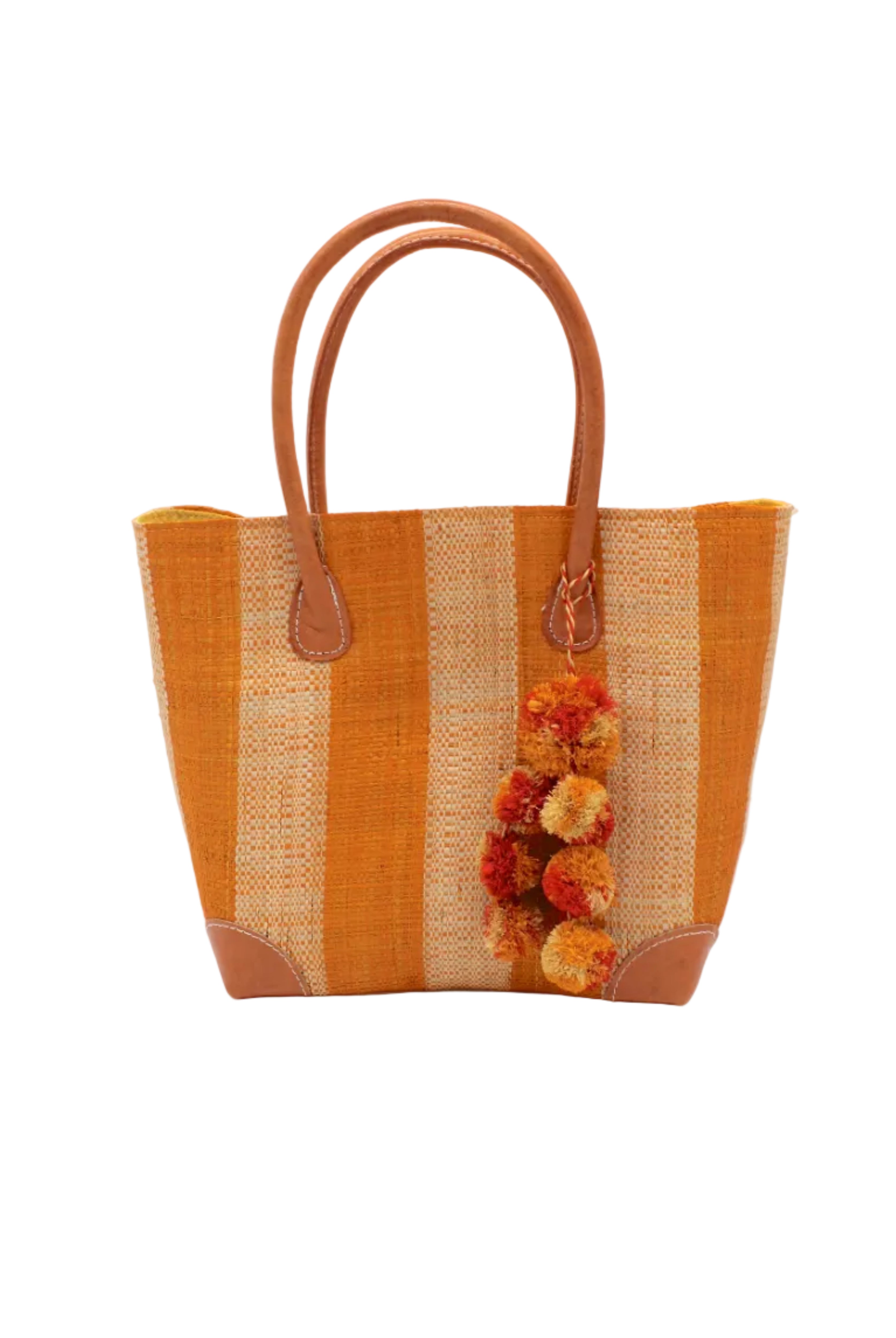 Bora Bora Saffron Two Tone Stripes Straw Basket Bag with Waterfall Pompoms Charm Embellishment handmade loomed natural raffia palm fiber in a multicolor horizontal stripe pattern of even width wide bands of saffron orange/yellow and natural straw color with leather handles and feet plus matching waterfall pompom charm embellishment handbag beach bag - Shebobo