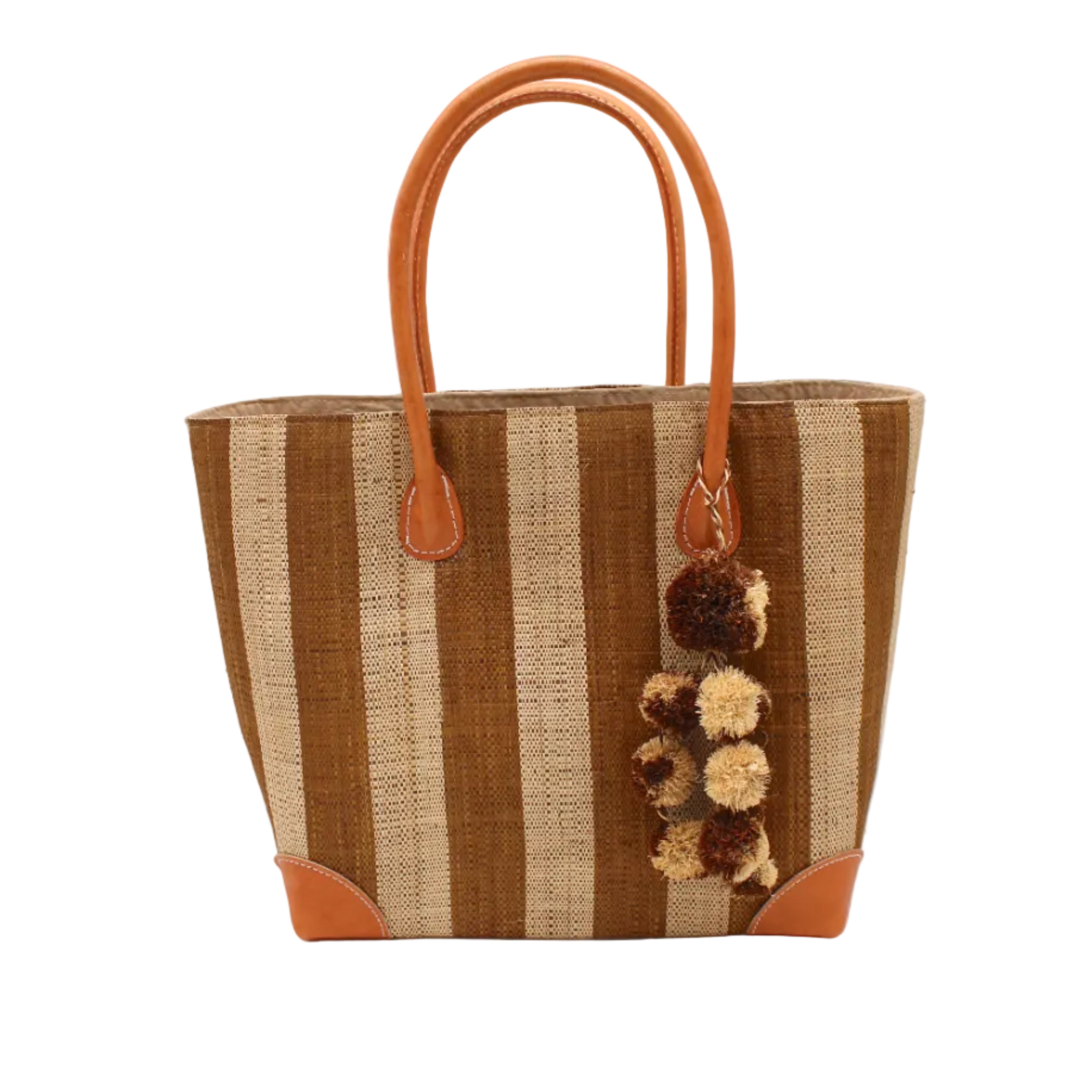 Bora Bora Tobacco Two Tone Stripes Straw Basket Bag with Waterfall Pompoms Charm Embellishment handmade loomed natural raffia palm fiber in a multicolor horizontal stripe pattern of even width wide bands of tobacco cinnamon/dark/brown and natural straw color with leather handles and feet plus matching waterfall pompom charm embellishment handbag beach bag - Shebobo