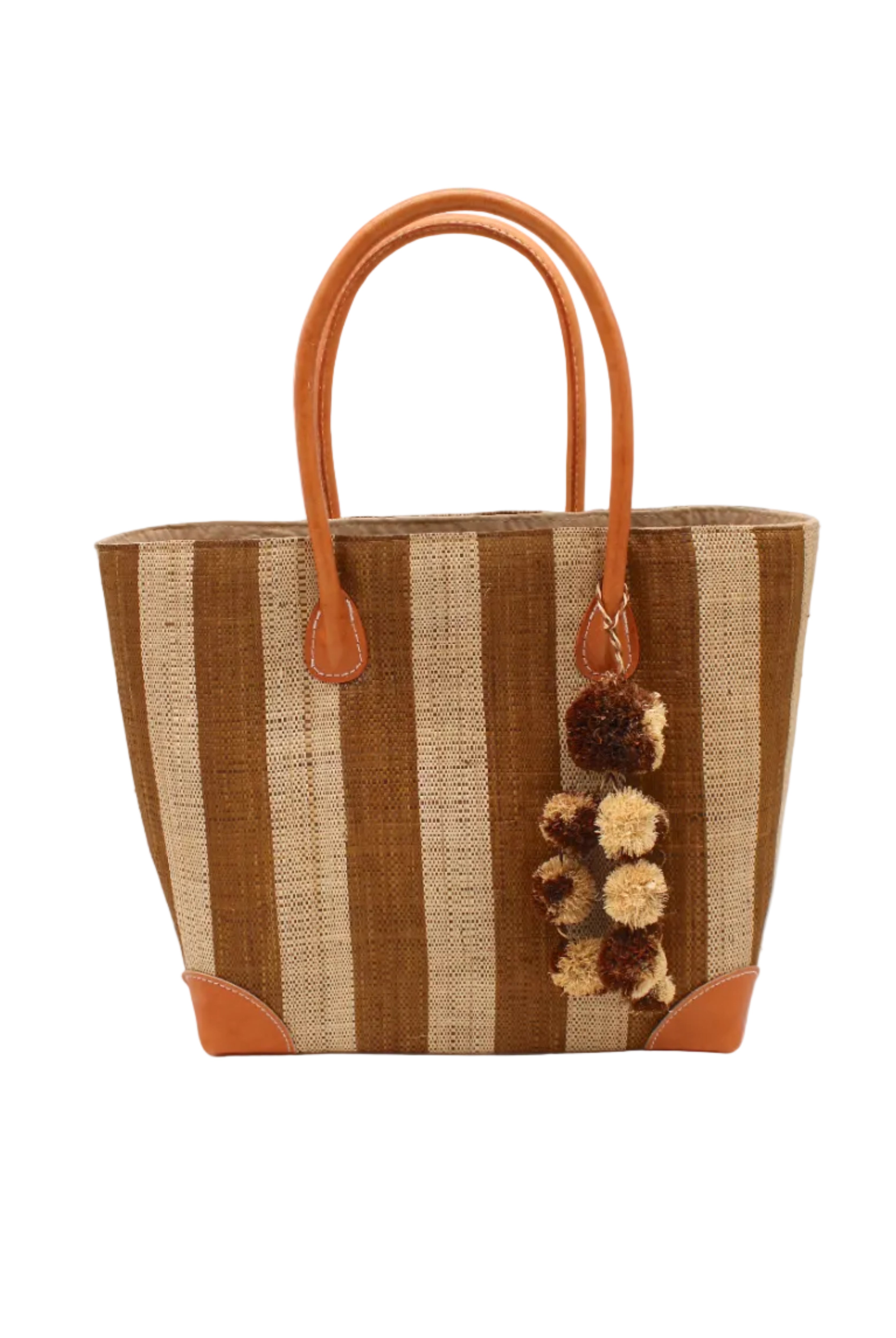 Bora Bora Tobacco Two Tone Stripes Straw Basket Bag with Waterfall Pompoms Charm Embellishment handmade loomed natural raffia palm fiber in a multicolor horizontal stripe pattern of even width wide bands of tobacco cinnamon/dark/brown and natural straw color with leather handles and feet plus matching waterfall pompom charm embellishment handbag beach bag - Shebobo