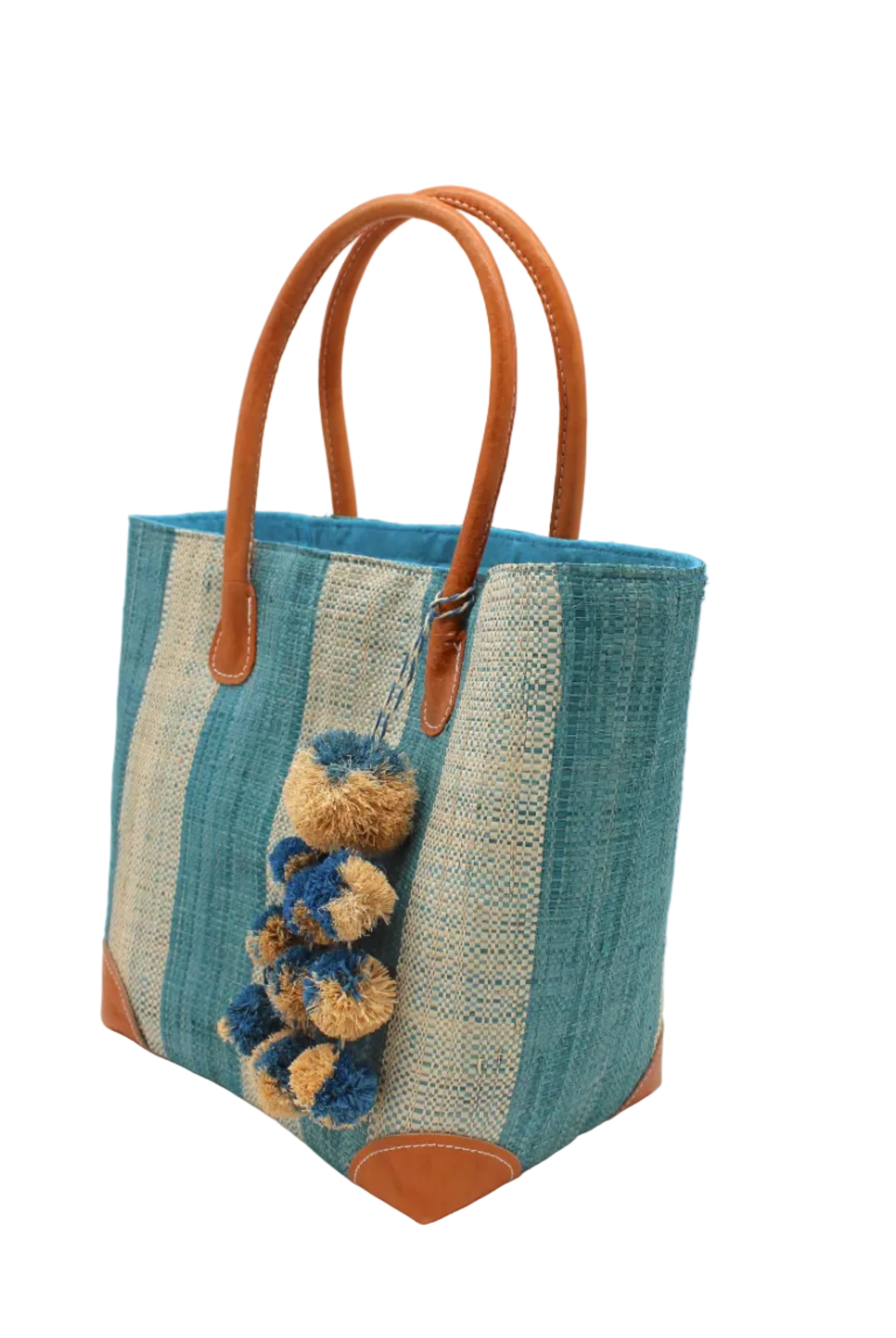 Side view Bora Bora Turquoise Two Tone Stripes Straw Basket Bag with Waterfall Pompoms Charm Embellishment handmade loomed natural raffia palm fiber in a multicolor horizontal stripe pattern of even width wide bands of turquoise light/blue/green and natural straw color with leather handles and feet plus matching waterfall pompom charm embellishment handbag beach bag - Shebobo