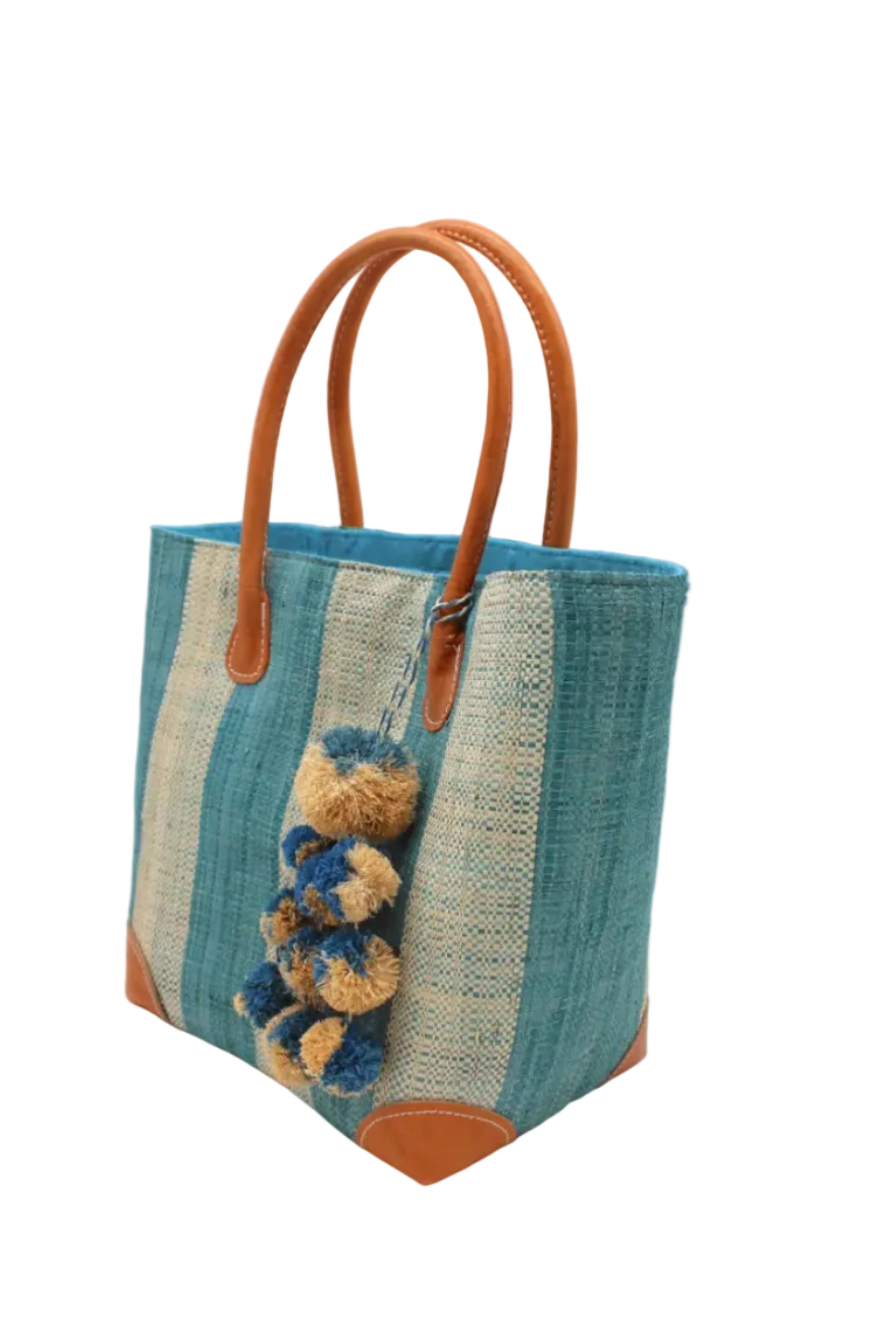 Side view Bora Bora Turquoise Two Tone Stripes Straw Basket Bag with Waterfall Pompoms Charm Embellishment handmade loomed natural raffia palm fiber in a multicolor horizontal stripe pattern of even width wide bands of turquoise light/blue/green and natural straw color with leather handles and feet plus matching waterfall pompom charm embellishment handbag beach bag - Shebobo