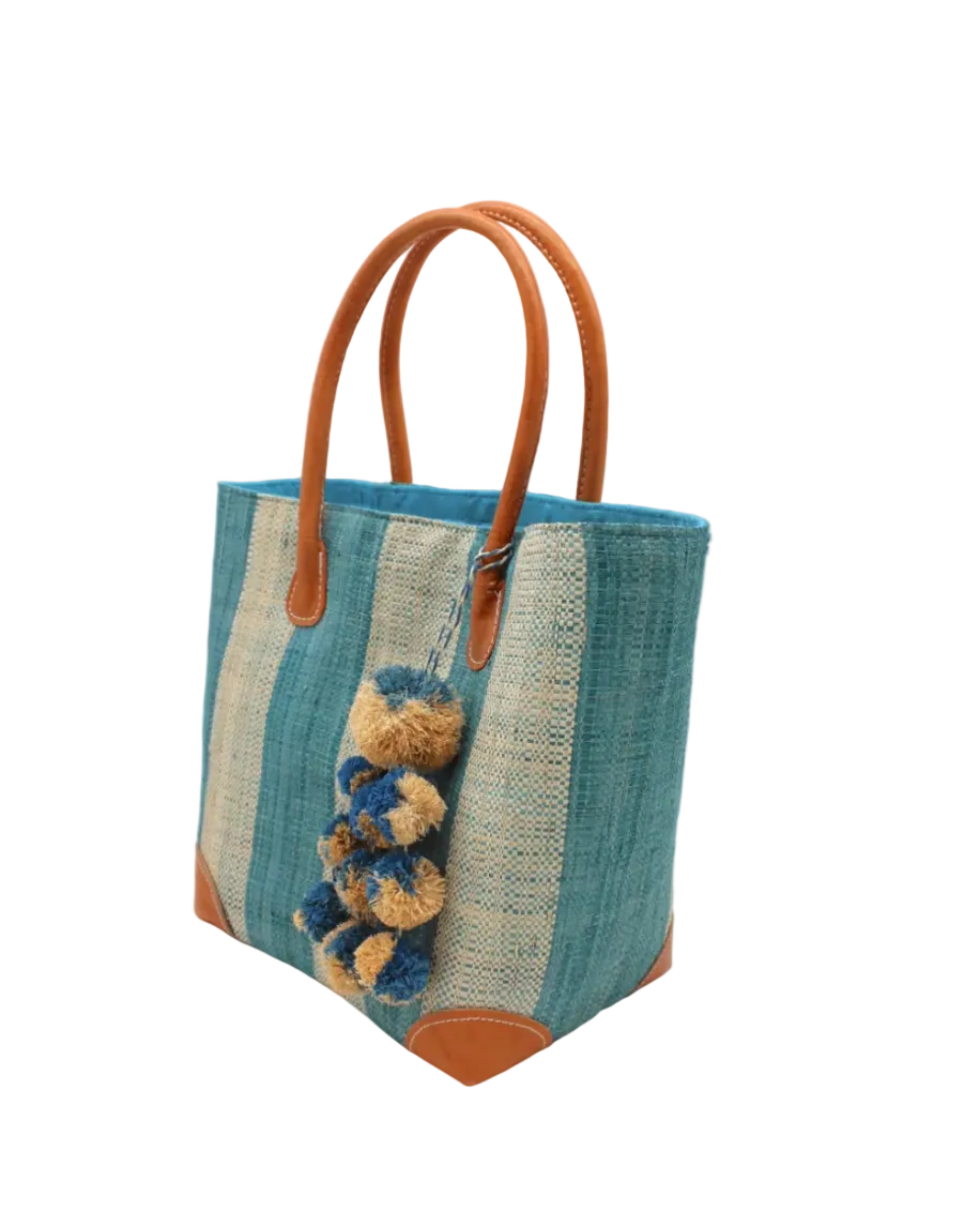 Side view Bora Bora Turquoise Two Tone Stripes Straw Basket Bag with Waterfall Pompoms Charm Embellishment handmade loomed natural raffia palm fiber in a multicolor horizontal stripe pattern of even width wide bands of turquoise light/blue/green and natural straw color with leather handles and feet plus matching waterfall pompom charm embellishment handbag beach bag - Shebobo