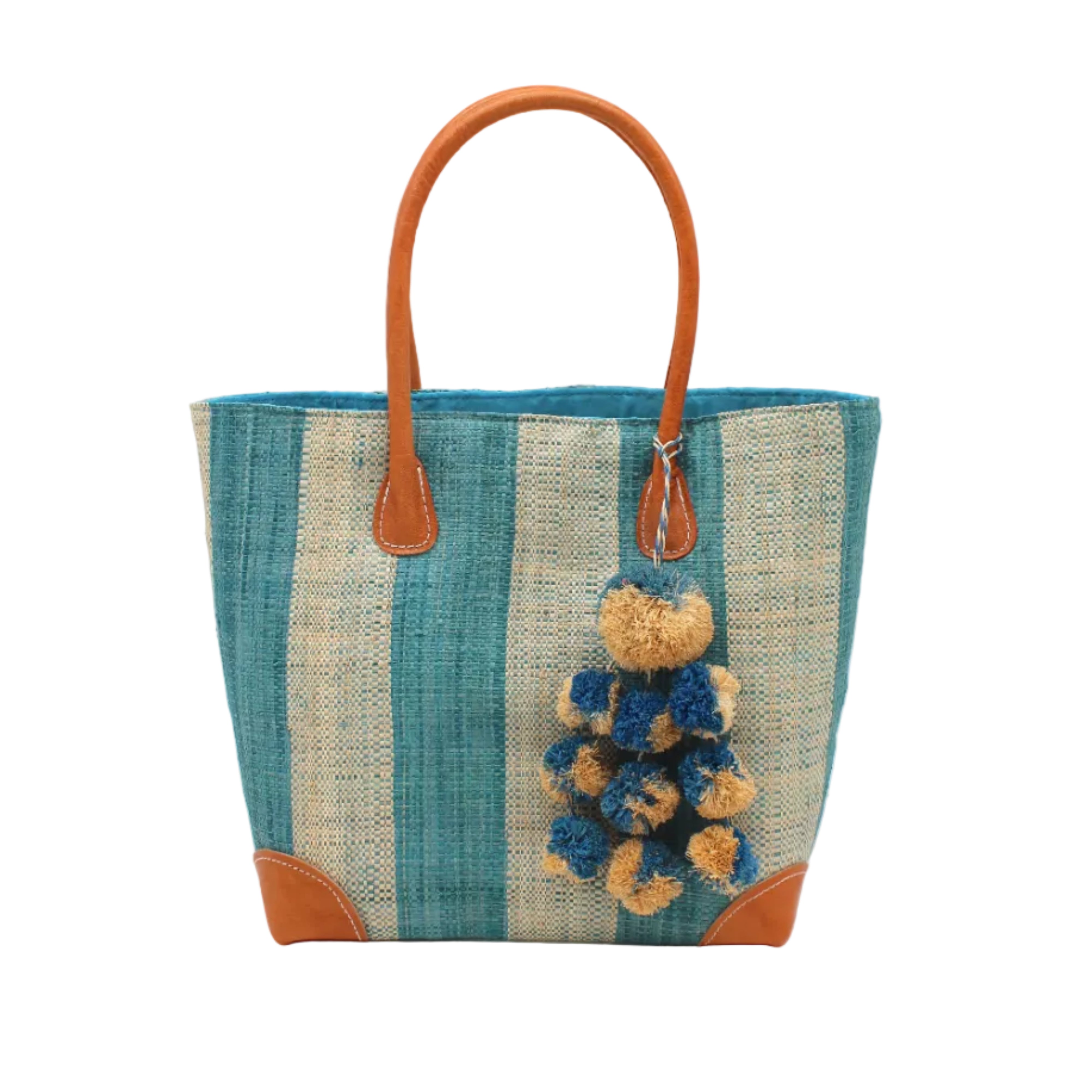 Bora Bora Turquoise Two Tone Stripes Straw Basket Bag with Waterfall Pompoms Charm Embellishment handmade loomed natural raffia palm fiber in a multicolor horizontal stripe pattern of even width wide bands of turquoise light/blue/green and natural straw color with leather handles and feet plus matching waterfall pompom charm embellishment handbag beach bag - Shebobo
