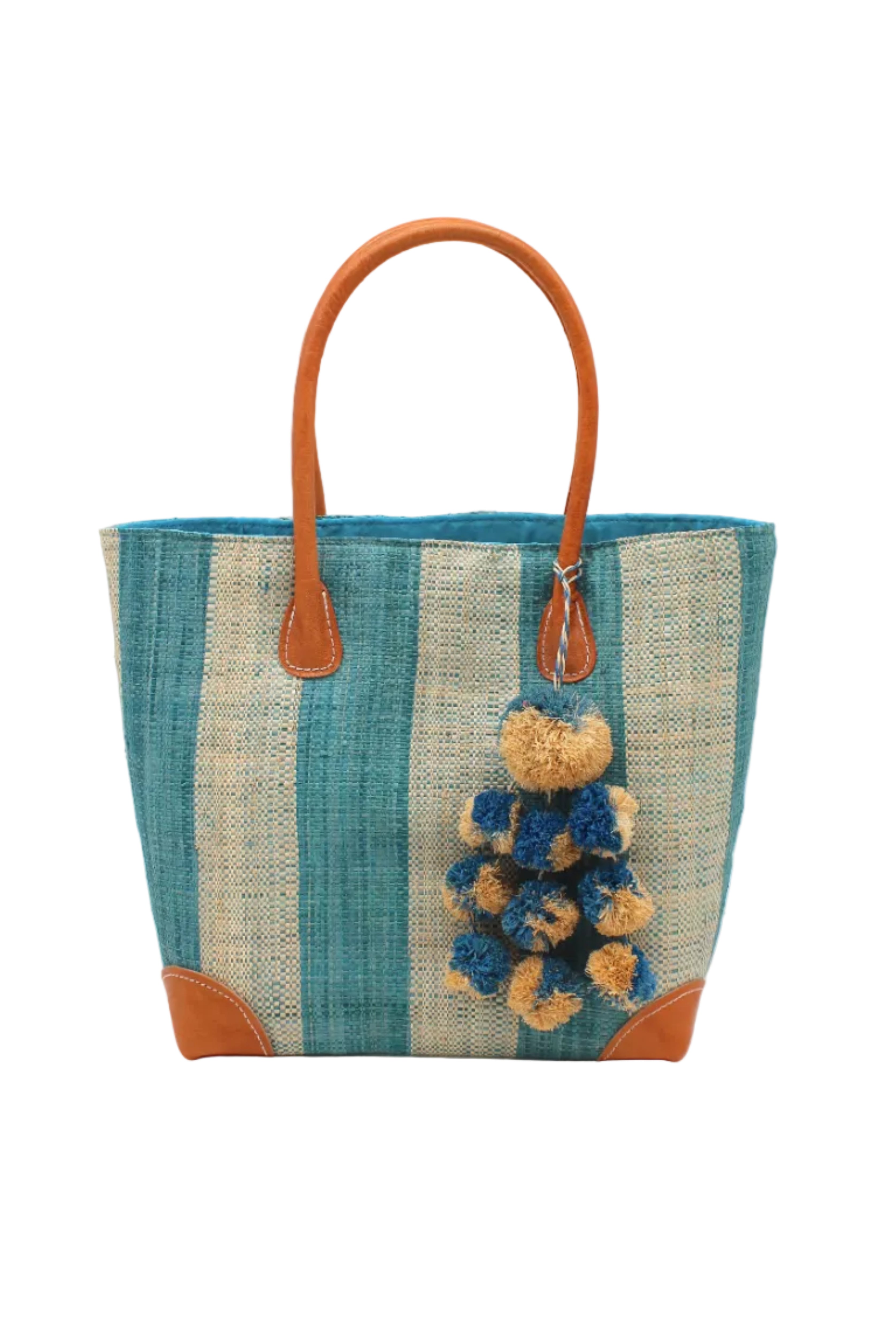 Bora Bora Turquoise Two Tone Stripes Straw Basket Bag with Waterfall Pompoms Charm Embellishment handmade loomed natural raffia palm fiber in a multicolor horizontal stripe pattern of even width wide bands of turquoise light/blue/green and natural straw color with leather handles and feet plus matching waterfall pompom charm embellishment handbag beach bag - Shebobo