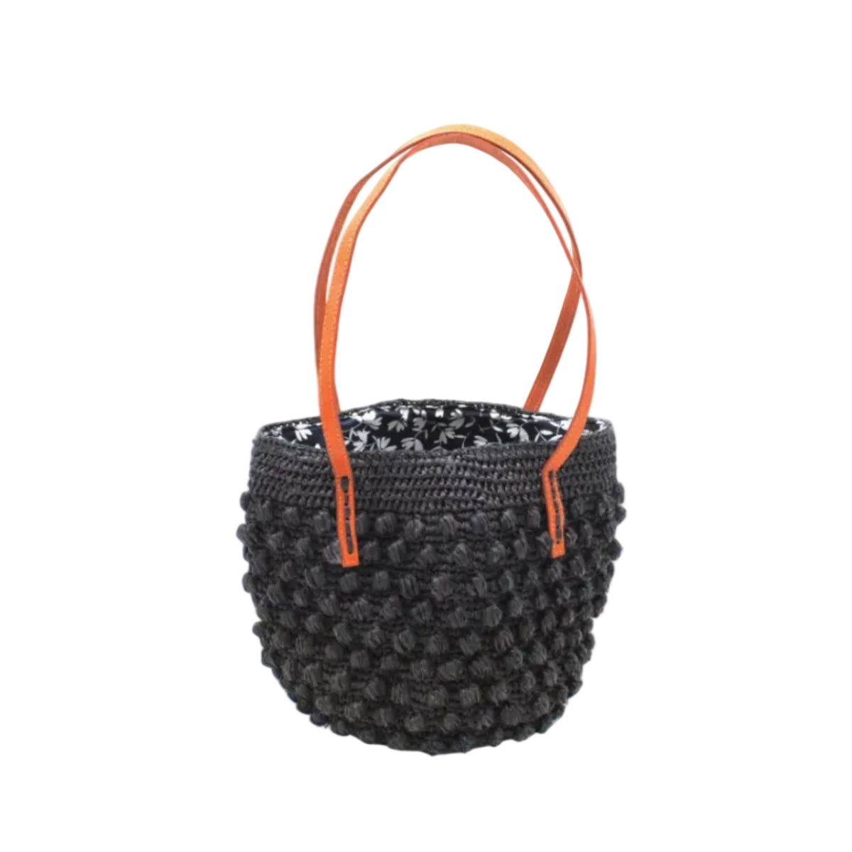 Boucle Black Crochet Small Straw Handbag handmade woven raffia palm fiber in a solid hue of black in a supple nub/ball texture of horizontal bands around the bag with link weave around the top plus assorted print drawstring liner and leather handles shoulder bag purse - Shebobo