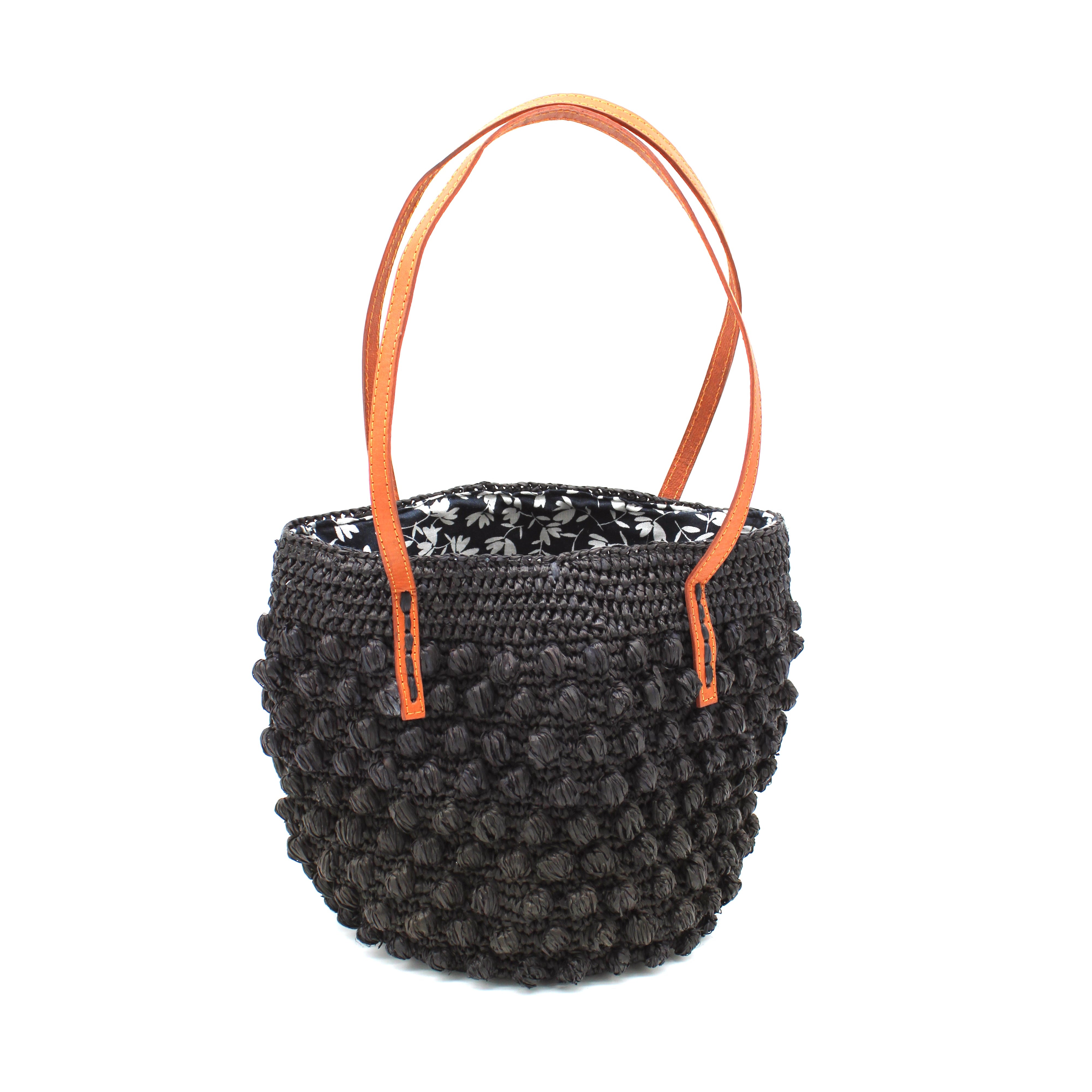 Boucle Black Crochet Small Straw Handbag handmade woven raffia palm fiber in a solid hue of black in a supple nub/ball texture of horizontal bands around the bag with link weave around the top plus assorted print drawstring liner and leather handles shoulder bag purse - Shebobo