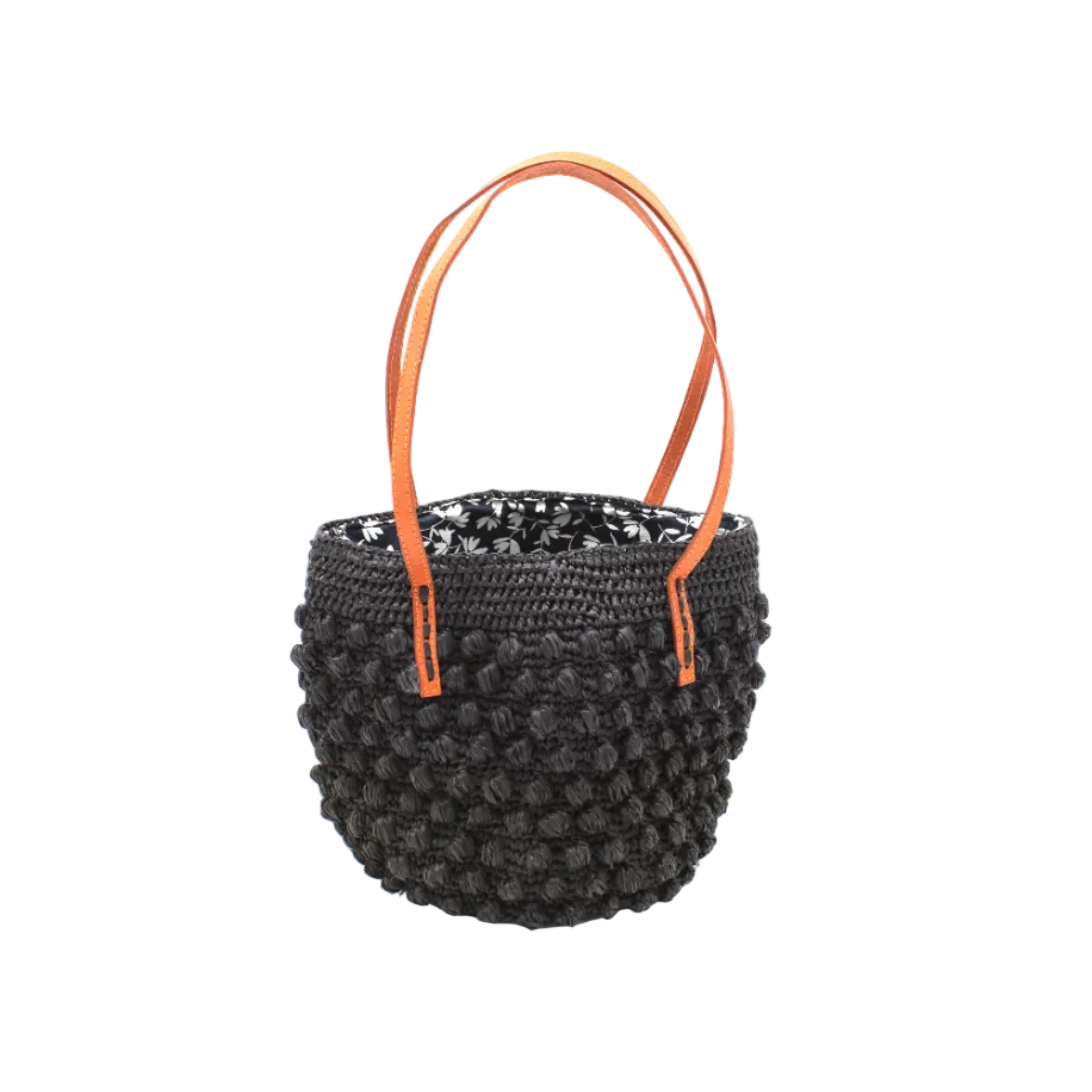 Boucle Black Crochet Small Straw Handbag handmade woven raffia palm fiber in a solid hue of black in a supple nub/ball texture of horizontal bands around the bag with link weave around the top plus assorted print drawstring liner and leather handles shoulder bag purse - Shebobo