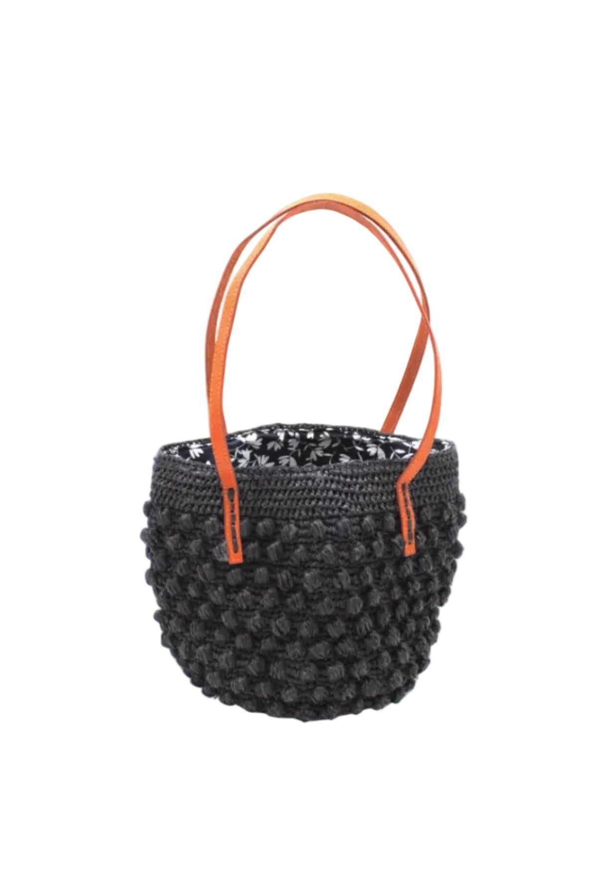 Boucle Black Crochet Small Straw Handbag handmade woven raffia palm fiber in a solid hue of black in a supple nub/ball texture of horizontal bands around the bag with link weave around the top plus assorted print drawstring liner and leather handles shoulder bag purse - Shebobo