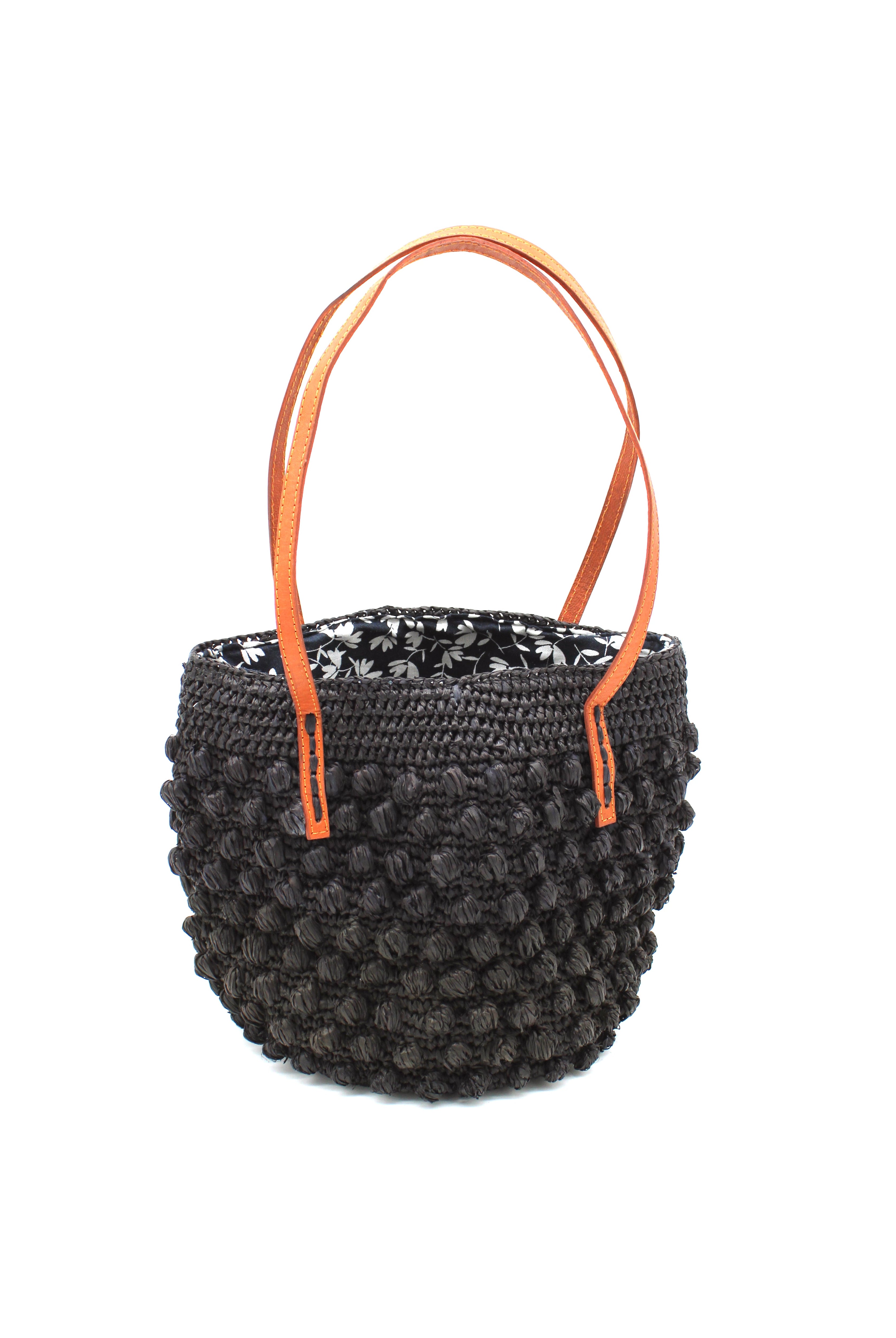 Boucle Black Crochet Small Straw Handbag handmade woven raffia palm fiber in a solid hue of black in a supple nub/ball texture of horizontal bands around the bag with link weave around the top plus assorted print drawstring liner and leather handles shoulder bag purse - Shebobo
