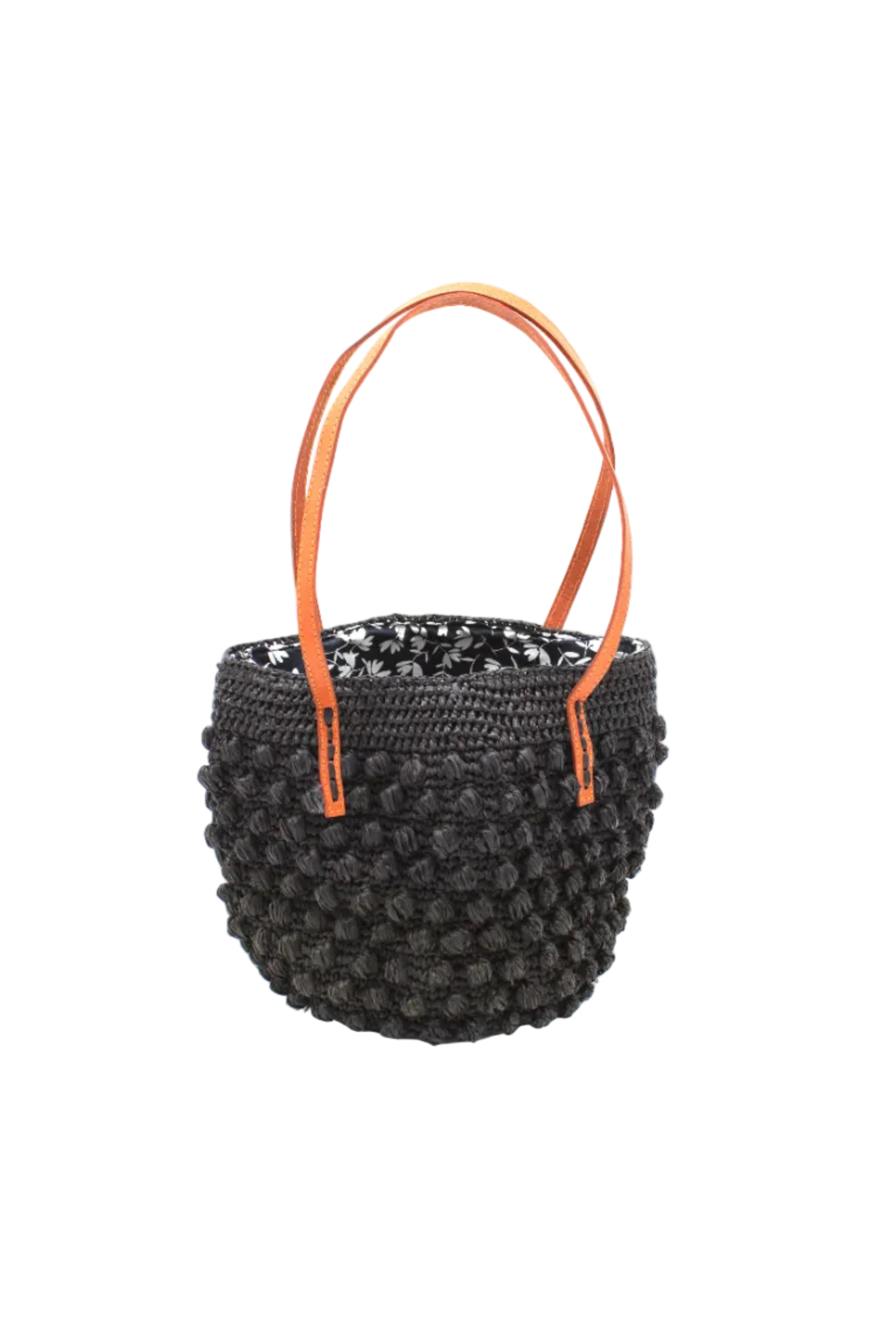 Boucle Black Crochet Small Straw Handbag handmade woven raffia palm fiber in a solid hue of black in a supple nub/ball texture of horizontal bands around the bag with link weave around the top plus assorted print drawstring liner and leather handles shoulder bag purse - Shebobo