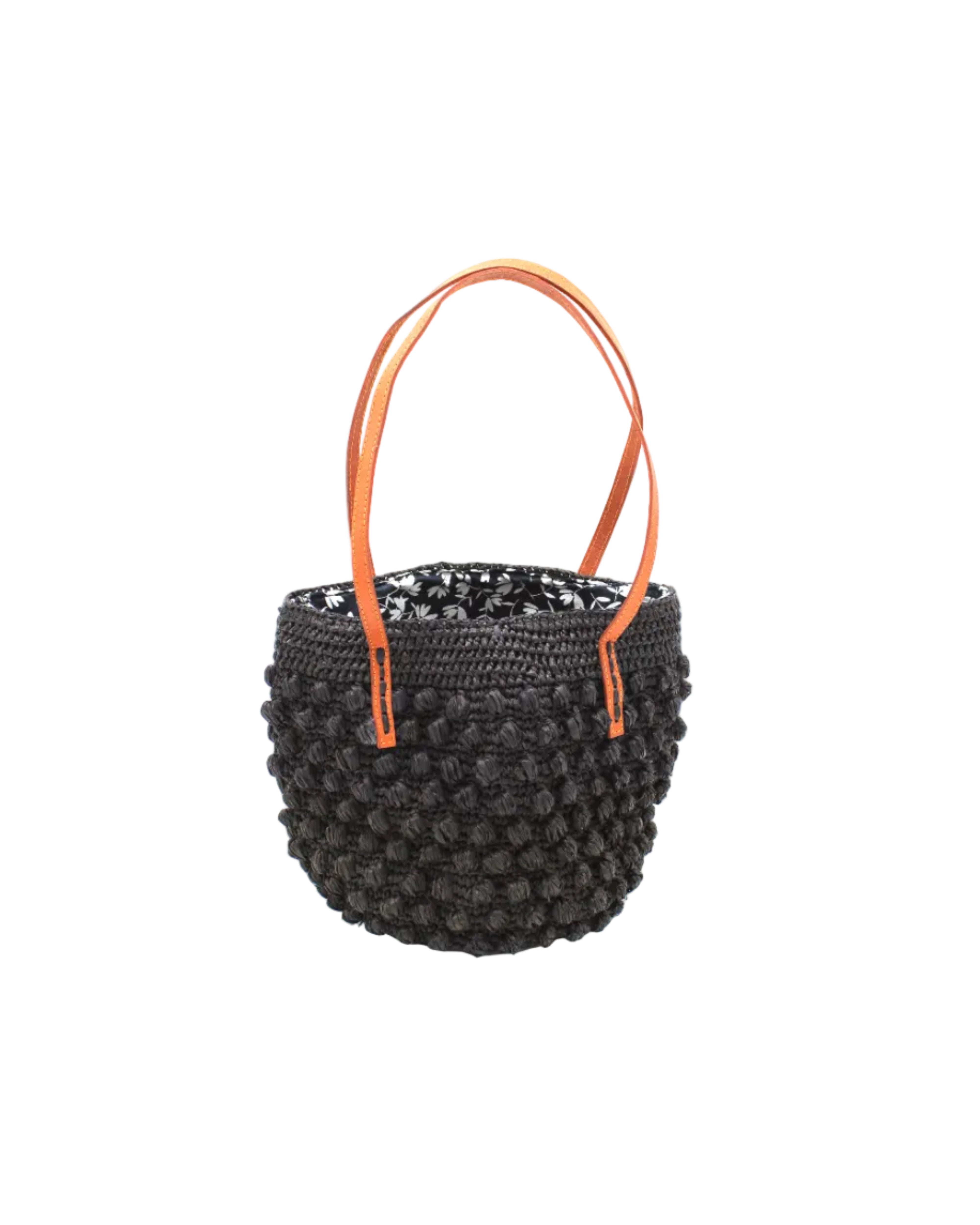 Boucle Black Crochet Small Straw Handbag handmade woven raffia palm fiber in a solid hue of black in a supple nub/ball texture of horizontal bands around the bag with link weave around the top plus assorted print drawstring liner and leather handles shoulder bag purse - Shebobo