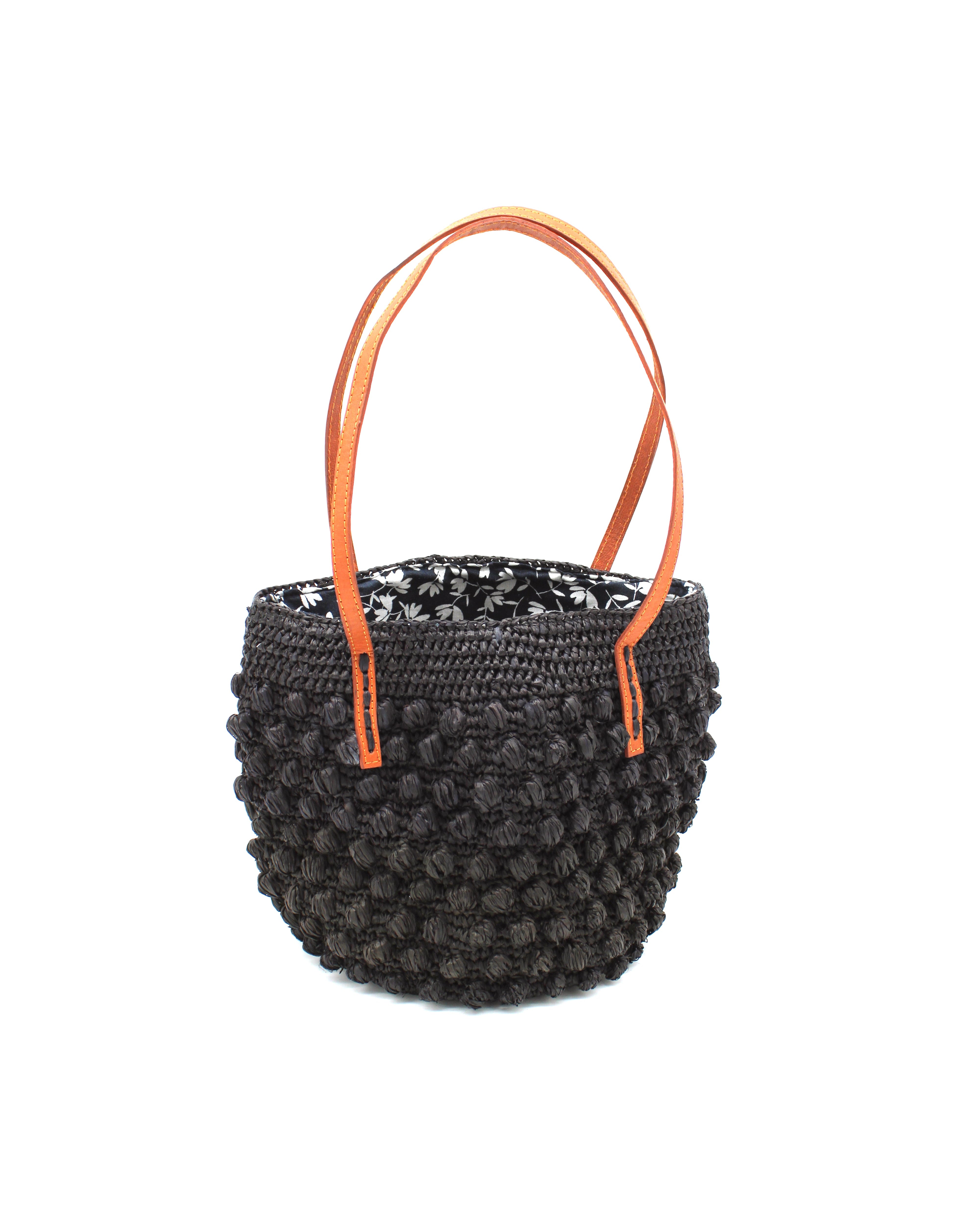 Boucle Black Crochet Small Straw Handbag handmade woven raffia palm fiber in a solid hue of black in a supple nub/ball texture of horizontal bands around the bag with link weave around the top plus assorted print drawstring liner and leather handles shoulder bag purse - Shebobo