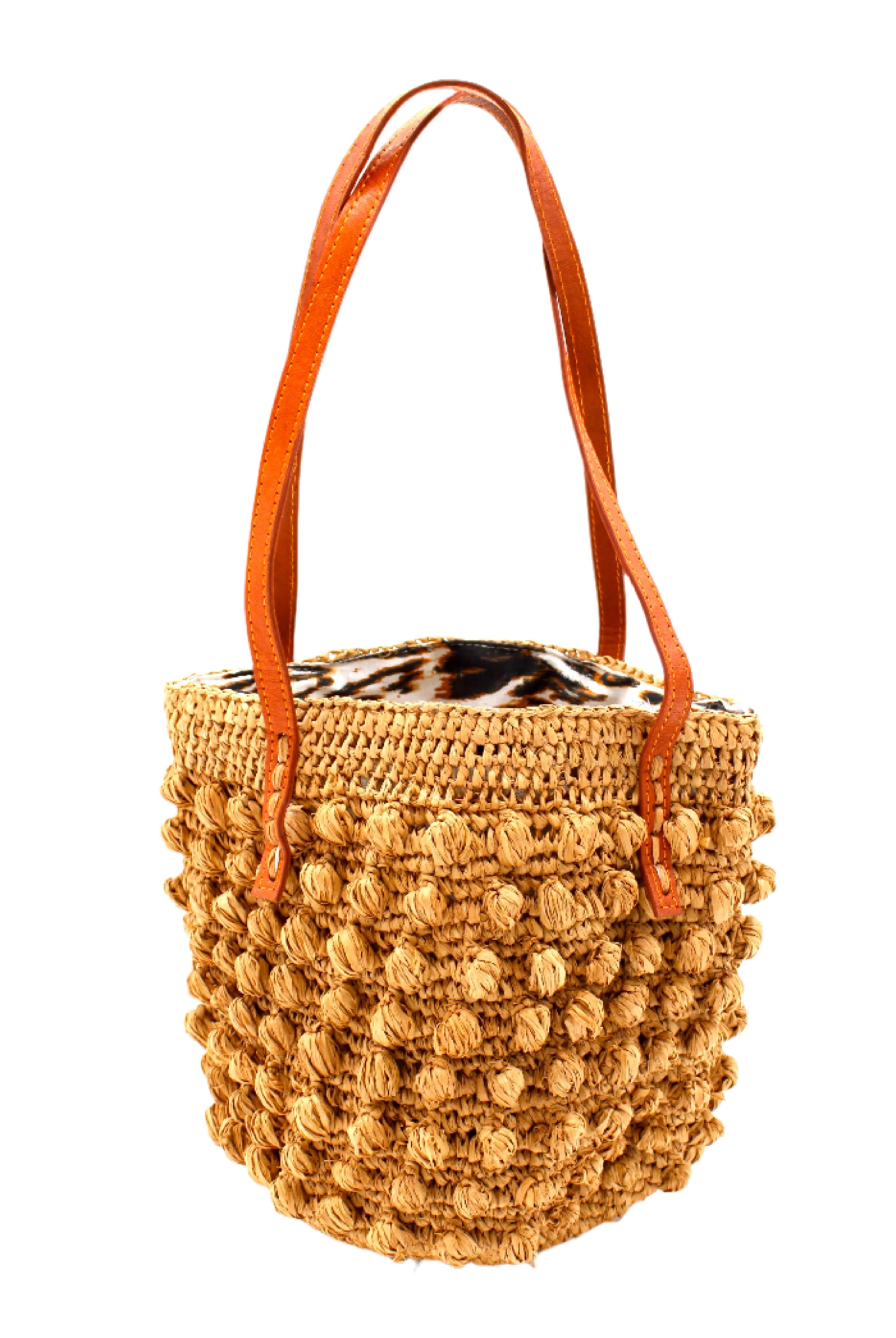 Boucle Cappuccino Crochet Small Straw Handbag handmade woven raffia palm fiber in a solid hue of cappuccino light/brown/beige in a supple nub/ball texture of horizontal bands around the bag with link weave around the top plus assorted print drawstring liner and leather handles shoulder bag purse - Shebobo