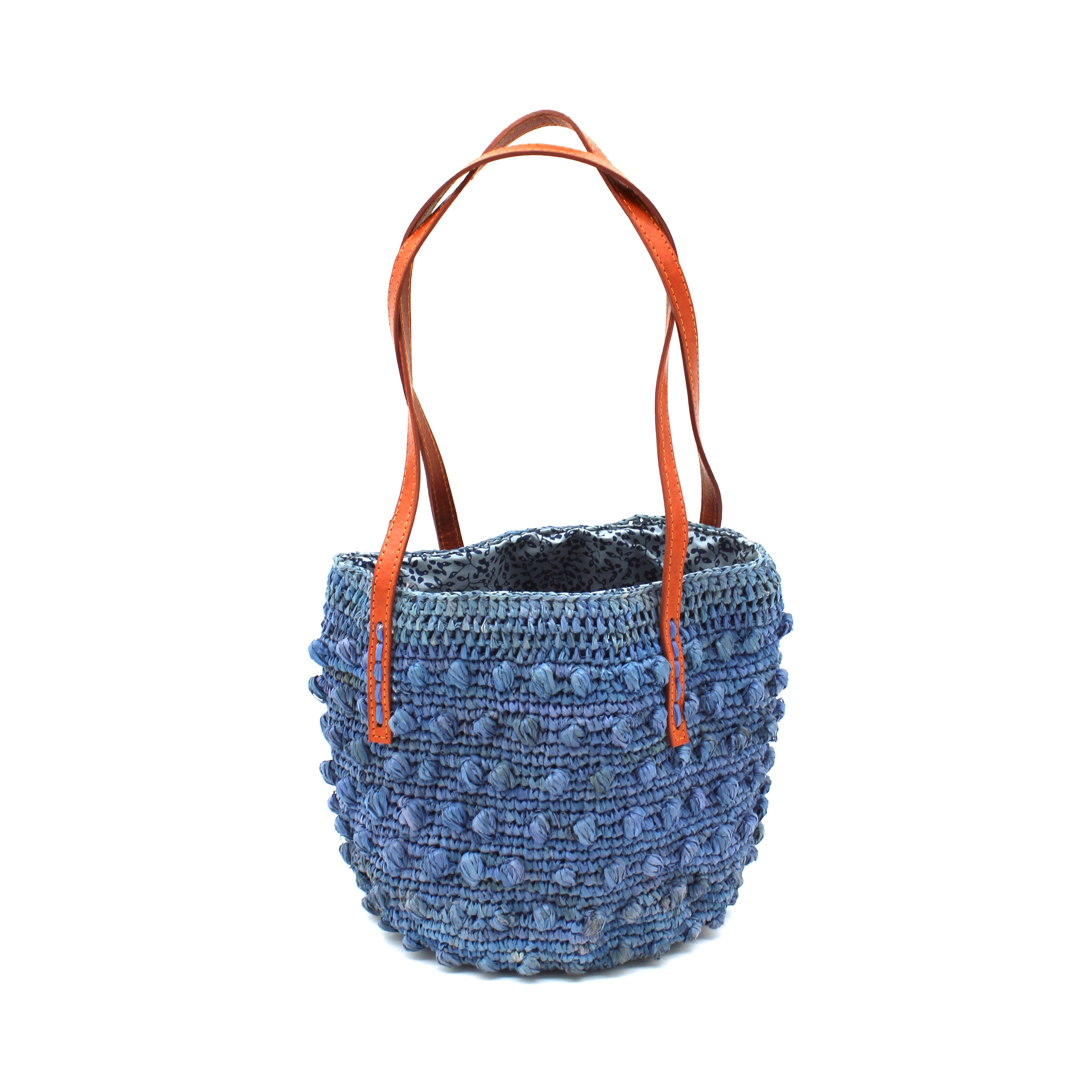 Boucle Denim Crochet Small Straw Handbag handmade woven raffia palm fiber in a solid hue of denim retro/light/blue in a supple nub/ball texture of horizontal bands around the bag with link weave around the top plus assorted print drawstring liner and leather handles shoulder bag purse - Shebobo