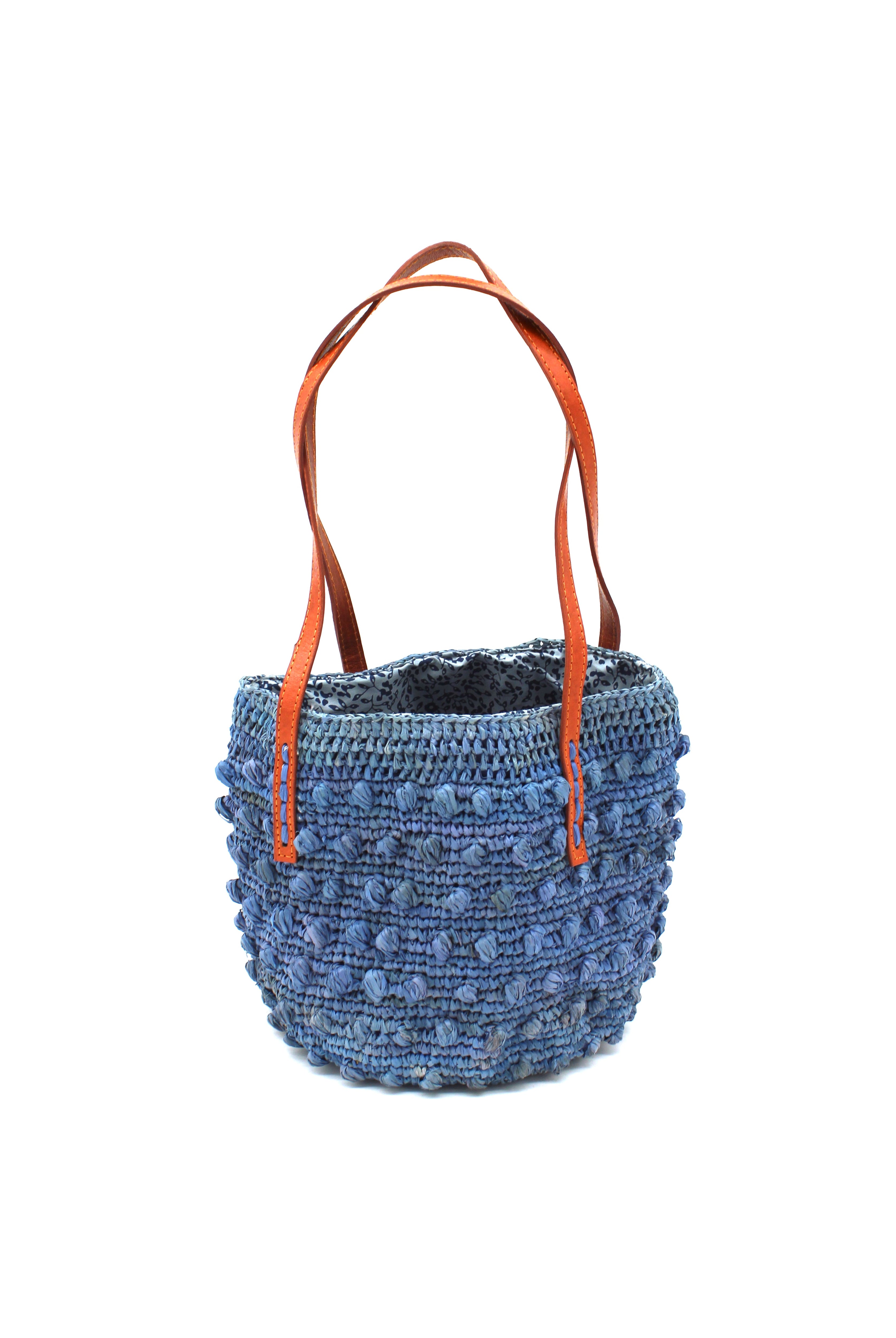 Boucle Denim Crochet Small Straw Handbag handmade woven raffia palm fiber in a solid hue of denim retro/light/blue in a supple nub/ball texture of horizontal bands around the bag with link weave around the top plus assorted print drawstring liner and leather handles shoulder bag purse - Shebobo
