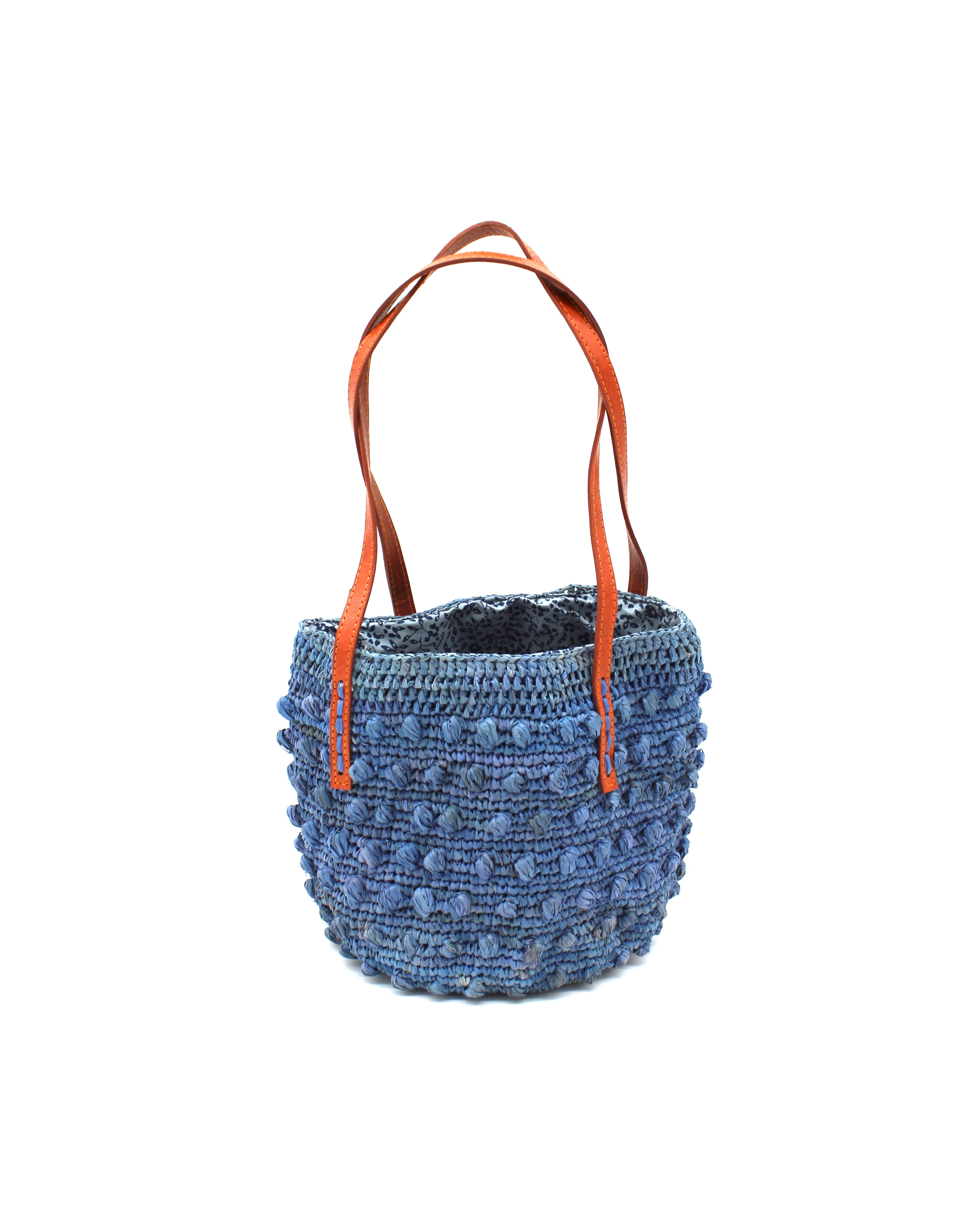 Boucle Denim Crochet Small Straw Handbag handmade woven raffia palm fiber in a solid hue of denim retro/light/blue in a supple nub/ball texture of horizontal bands around the bag with link weave around the top plus assorted print drawstring liner and leather handles shoulder bag purse - Shebobo