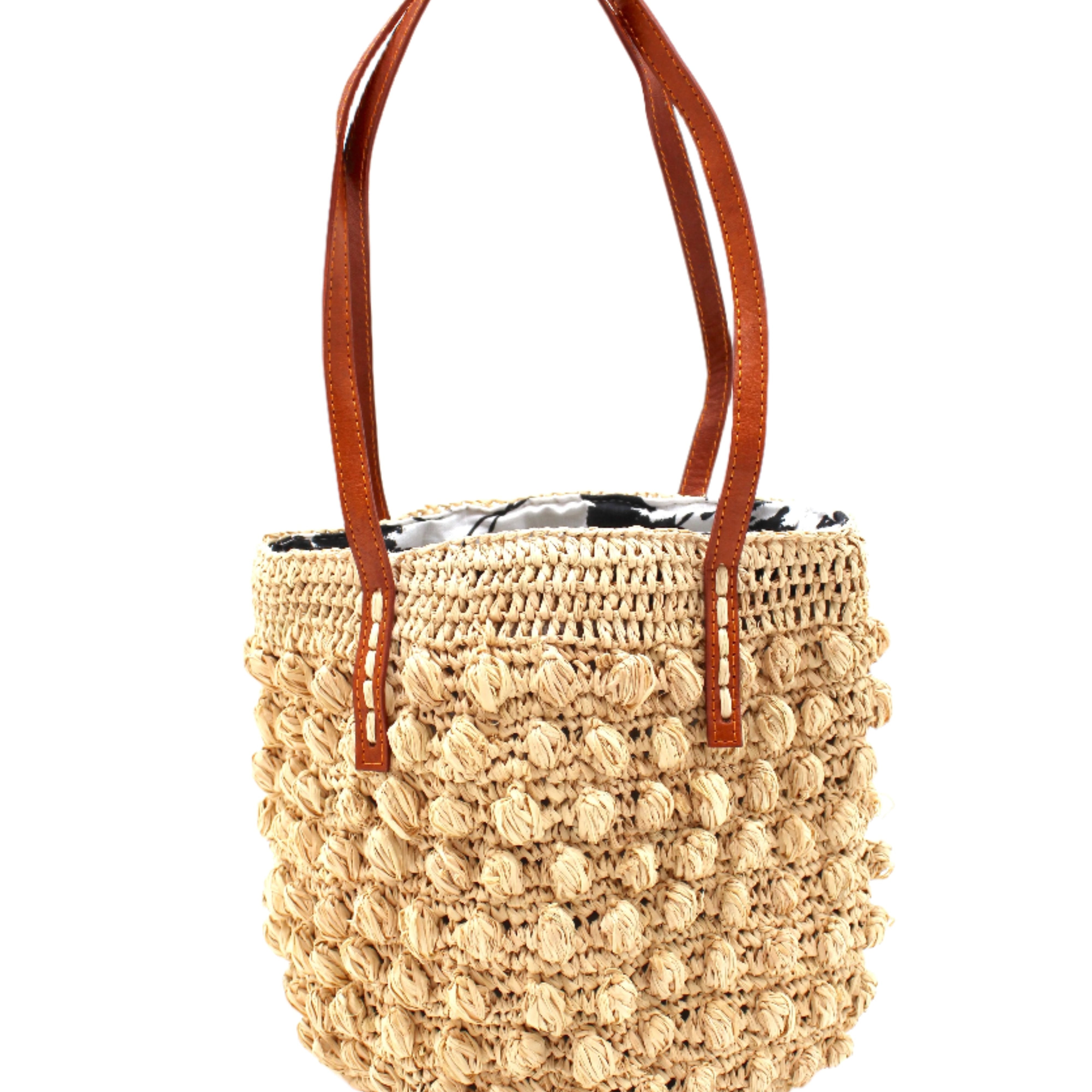 Boucle Natural Crochet Small Straw Handbag handmade woven raffia palm fiber in a solid hue of natural straw color in a supple nub/ball texture of horizontal bands around the bag with link weave around the top plus assorted print drawstring liner and leather handles shoulder bag purse - Shebobo
