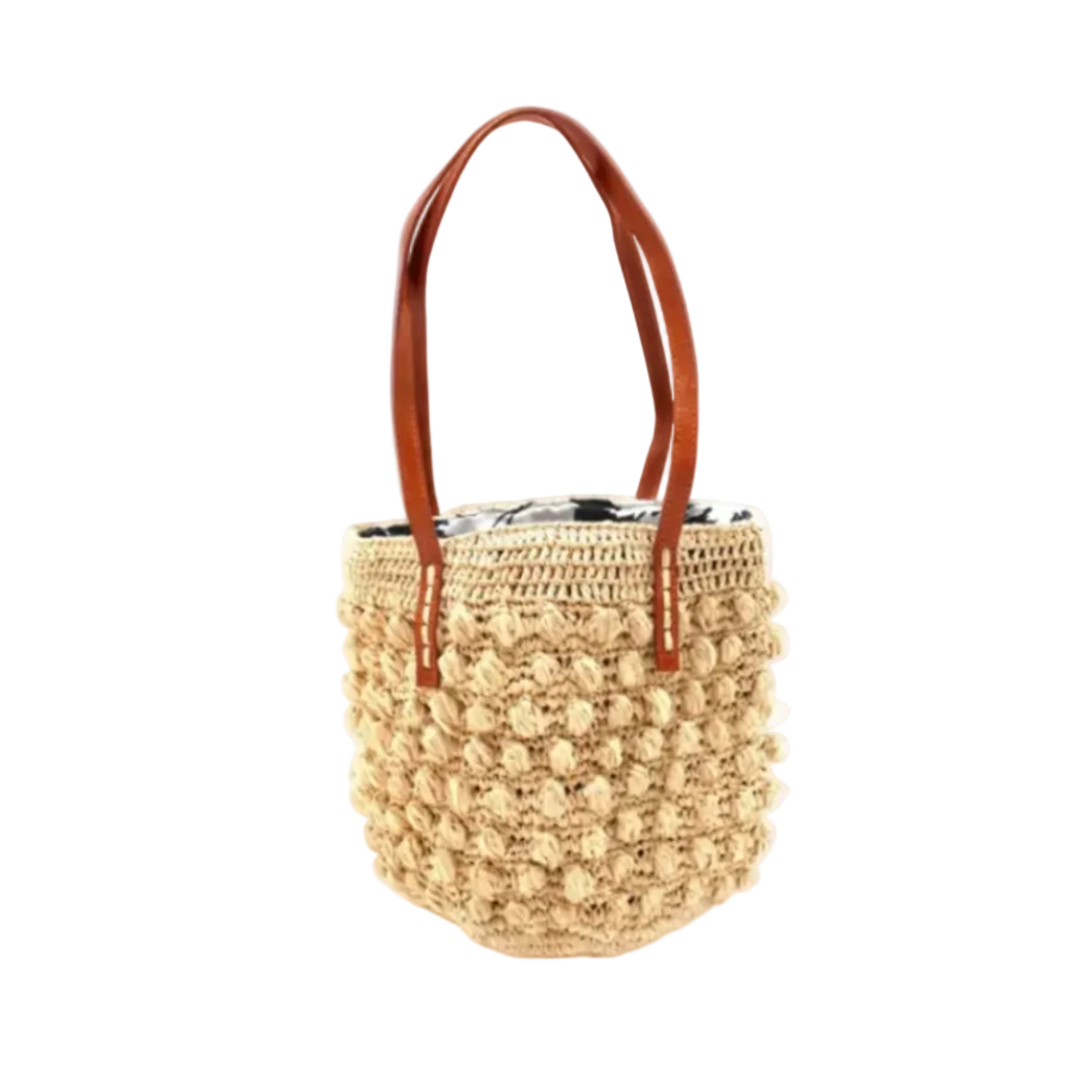 Boucle Natural Crochet Small Straw Handbag handmade woven raffia palm fiber in a solid hue of natural straw color in a supple nub/ball texture of horizontal bands around the bag with link weave around the top plus assorted print drawstring liner and leather handles shoulder bag purse - Shebobo