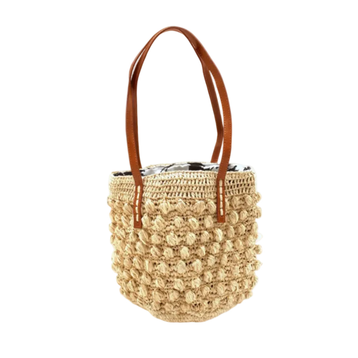 Boucle Natural Crochet Small Straw Handbag handmade woven raffia palm fiber in a solid hue of natural straw color in a supple nub/ball texture of horizontal bands around the bag with link weave around the top plus assorted print drawstring liner and leather handles shoulder bag purse - Shebobo