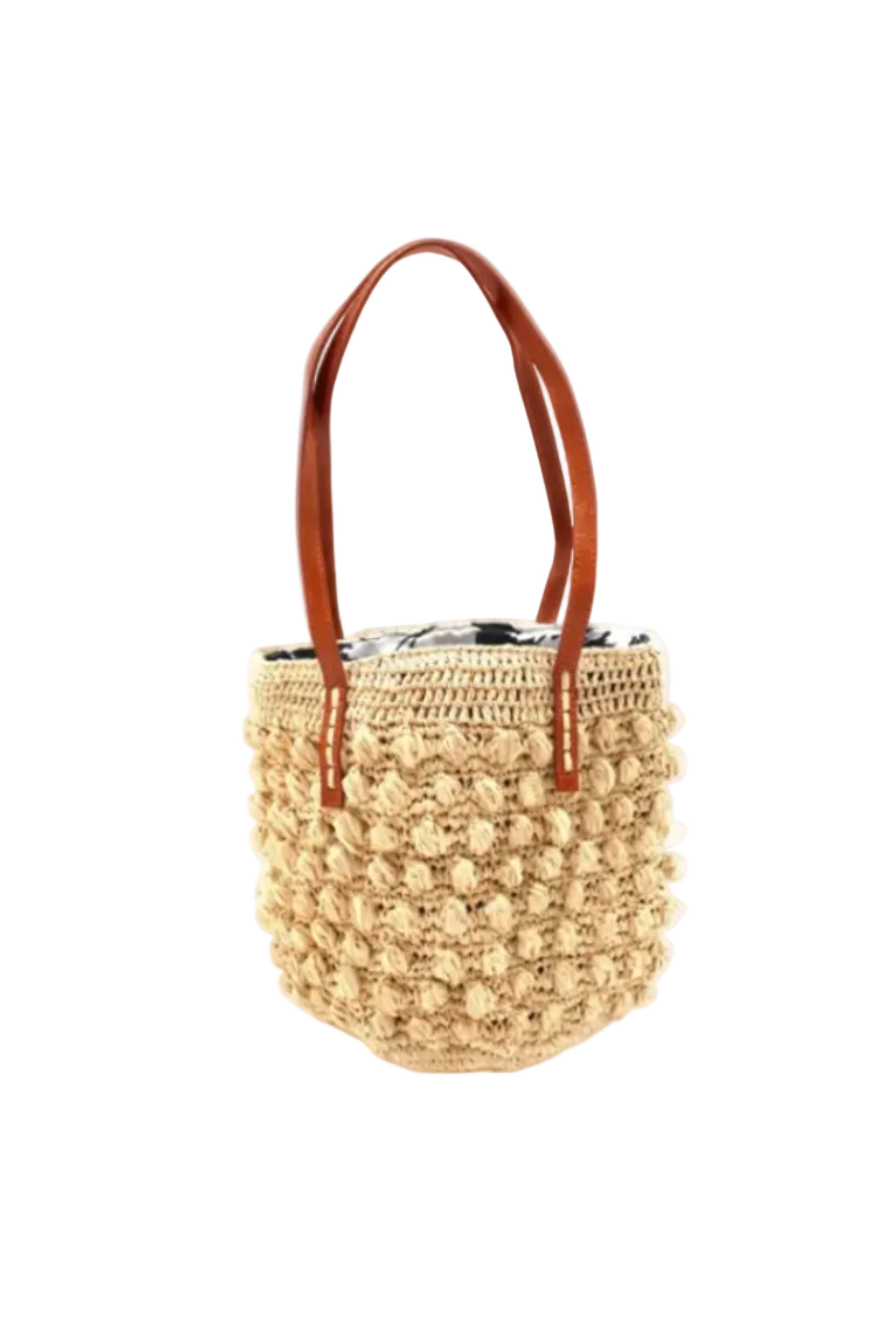 Boucle Natural Crochet Small Straw Handbag handmade woven raffia palm fiber in a solid hue of natural straw color in a supple nub/ball texture of horizontal bands around the bag with link weave around the top plus assorted print drawstring liner and leather handles shoulder bag purse - Shebobo