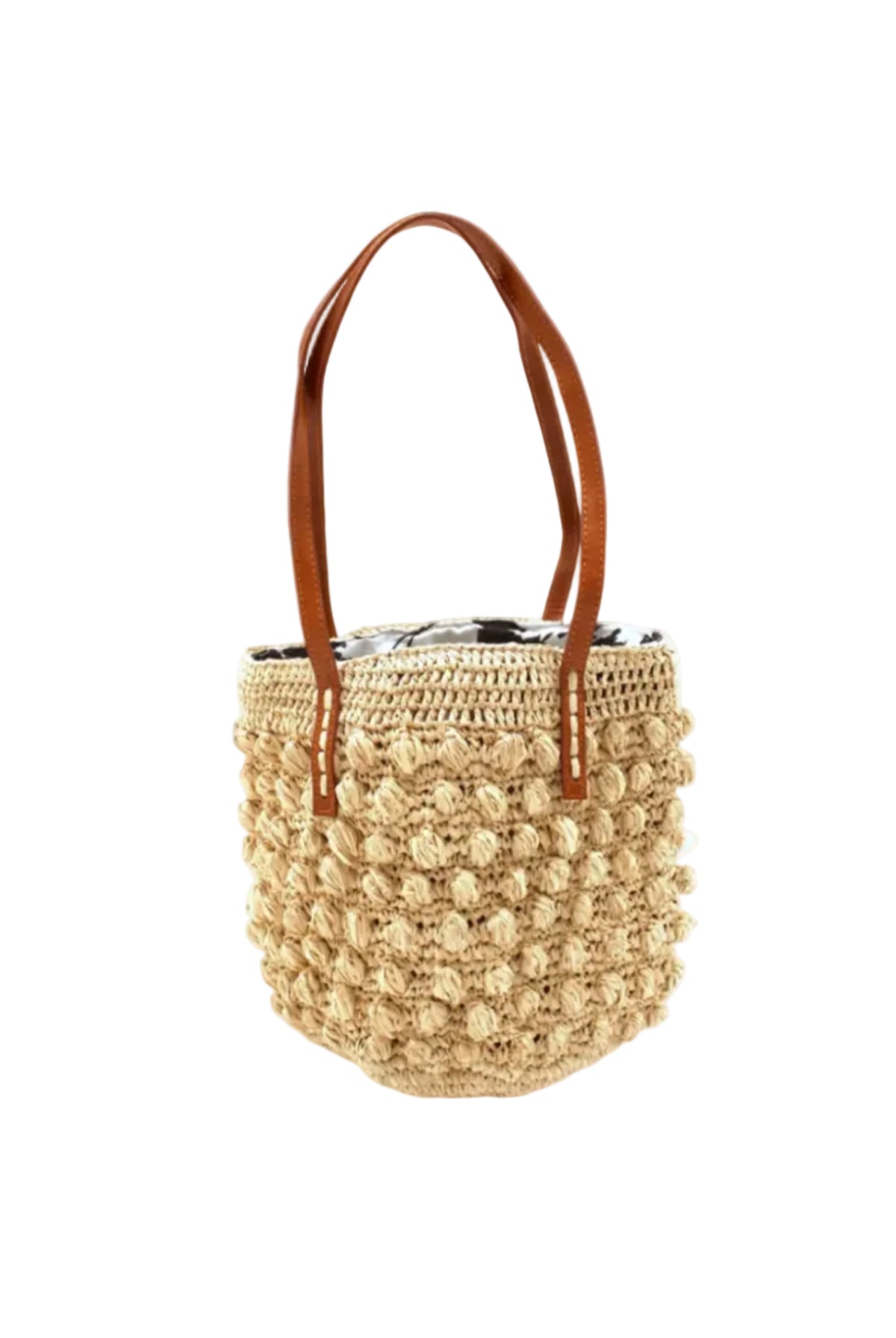 Boucle Natural Crochet Small Straw Handbag handmade woven raffia palm fiber in a solid hue of natural straw color in a supple nub/ball texture of horizontal bands around the bag with link weave around the top plus assorted print drawstring liner and leather handles shoulder bag purse - Shebobo