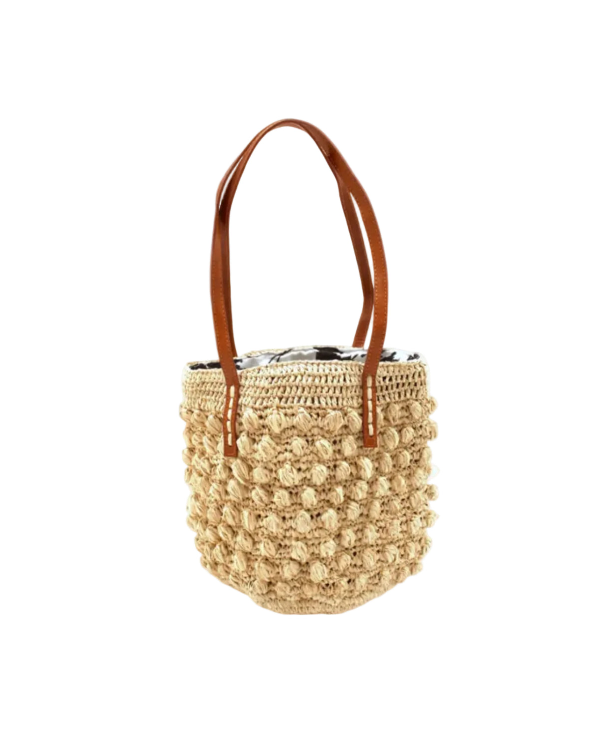 Boucle Natural Crochet Small Straw Handbag handmade woven raffia palm fiber in a solid hue of natural straw color in a supple nub/ball texture of horizontal bands around the bag with link weave around the top plus assorted print drawstring liner and leather handles shoulder bag purse - Shebobo