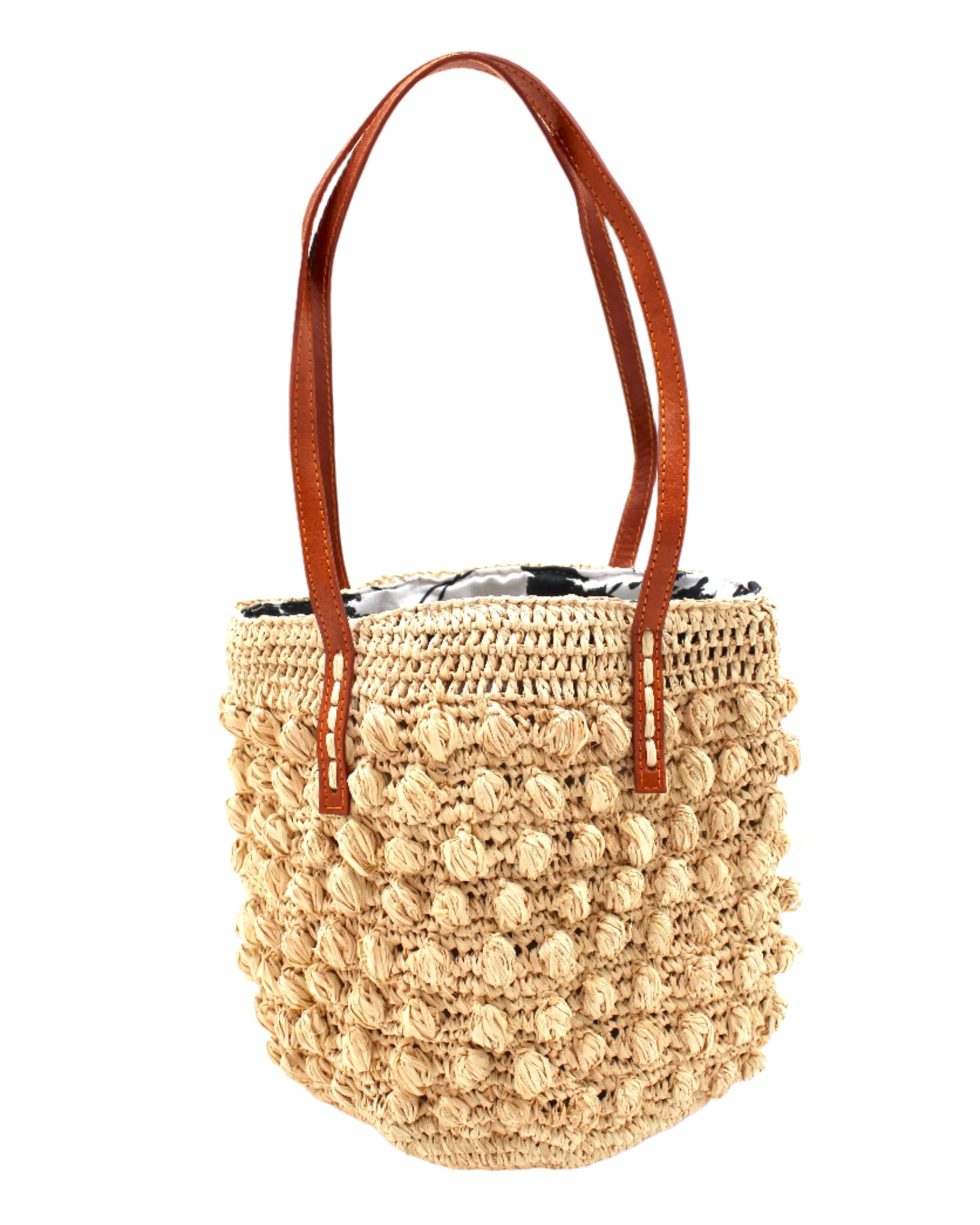 Boucle Natural Crochet Small Straw Handbag handmade woven raffia palm fiber in a solid hue of natural straw color in a supple nub/ball texture of horizontal bands around the bag with link weave around the top plus assorted print drawstring liner and leather handles shoulder bag purse - Shebobo