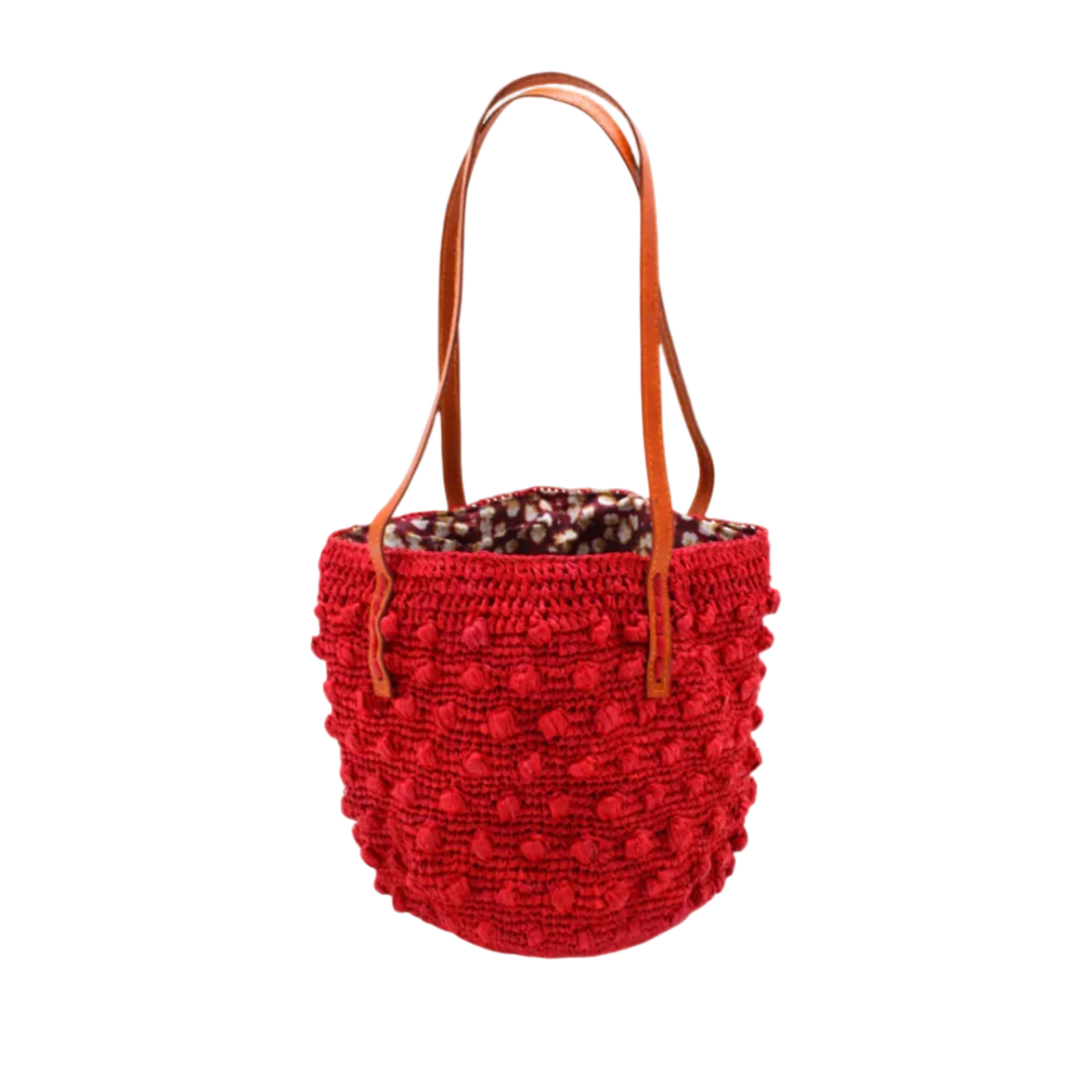 Boucle Red Crochet Small Straw Handbag handmade woven raffia palm fiber in a solid hue of red in a supple nub/ball texture of horizontal bands around the bag with link weave around the top plus assorted print drawstring liner and leather handles shoulder bag purse - Shebobo