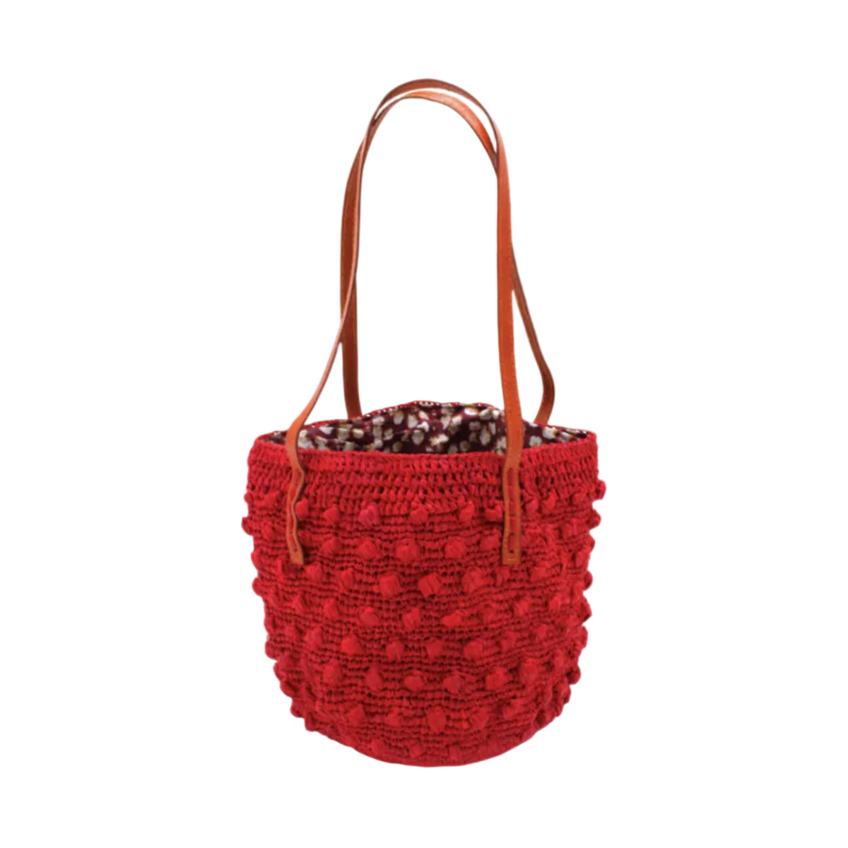 Boucle Red Crochet Small Straw Handbag handmade woven raffia palm fiber in a solid hue of red in a supple nub/ball texture of horizontal bands around the bag with link weave around the top plus assorted print drawstring liner and leather handles shoulder bag purse - Shebobo