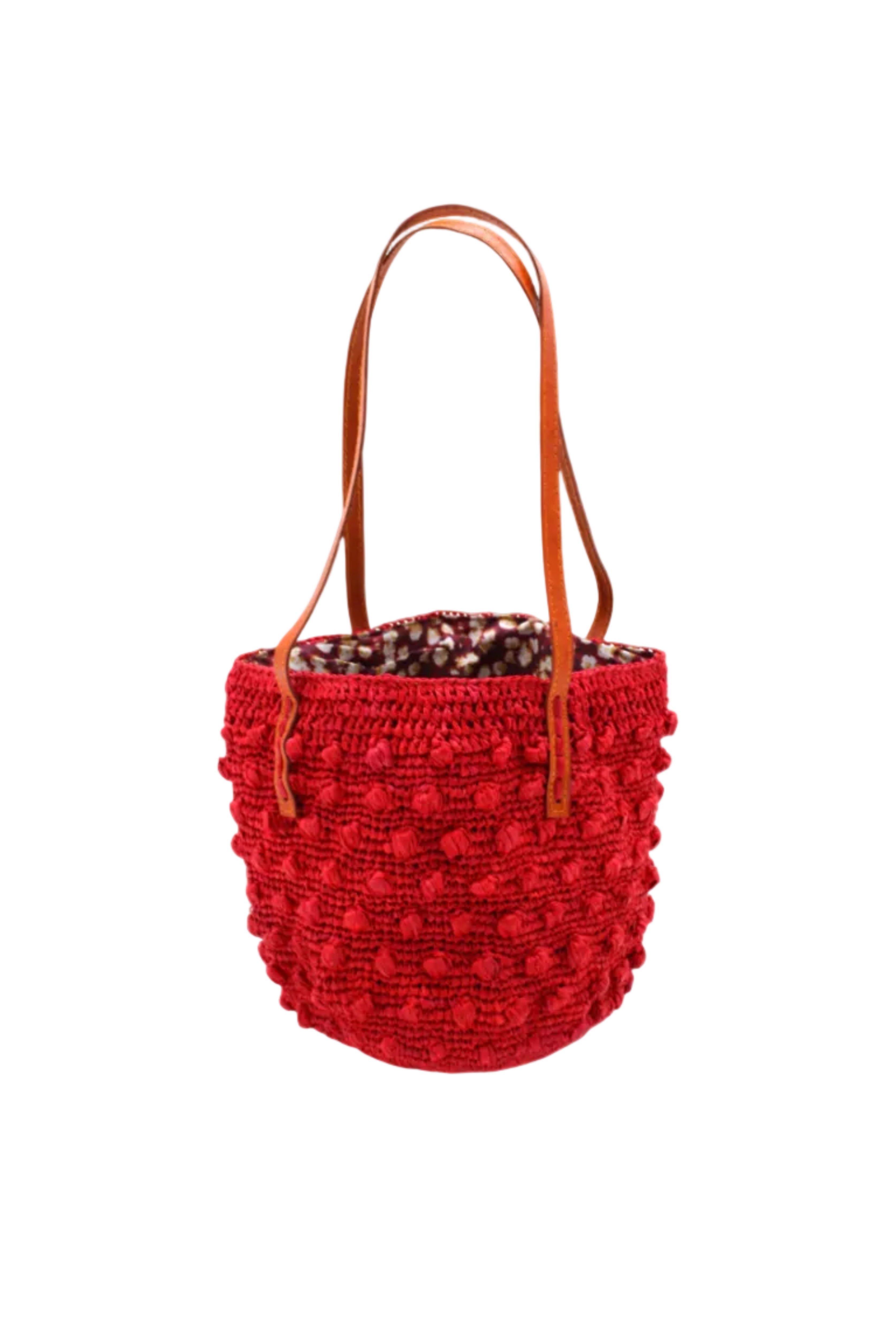 Boucle Red Crochet Small Straw Handbag handmade woven raffia palm fiber in a solid hue of red in a supple nub/ball texture of horizontal bands around the bag with link weave around the top plus assorted print drawstring liner and leather handles shoulder bag purse - Shebobo